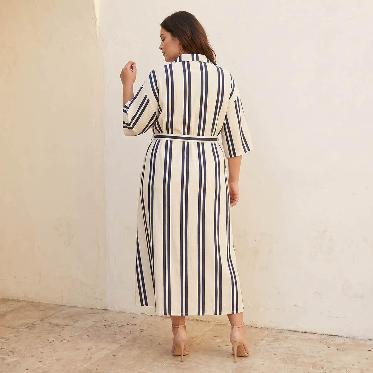 Ulla Popken Striped Women Shirt Dress with Tie-Up Belt-women-clothing-dresses-image-3