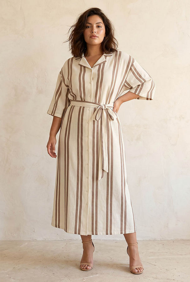 Ulla Popken Striped Women Shirt Dress with Tie-Up Belt-women-image-1