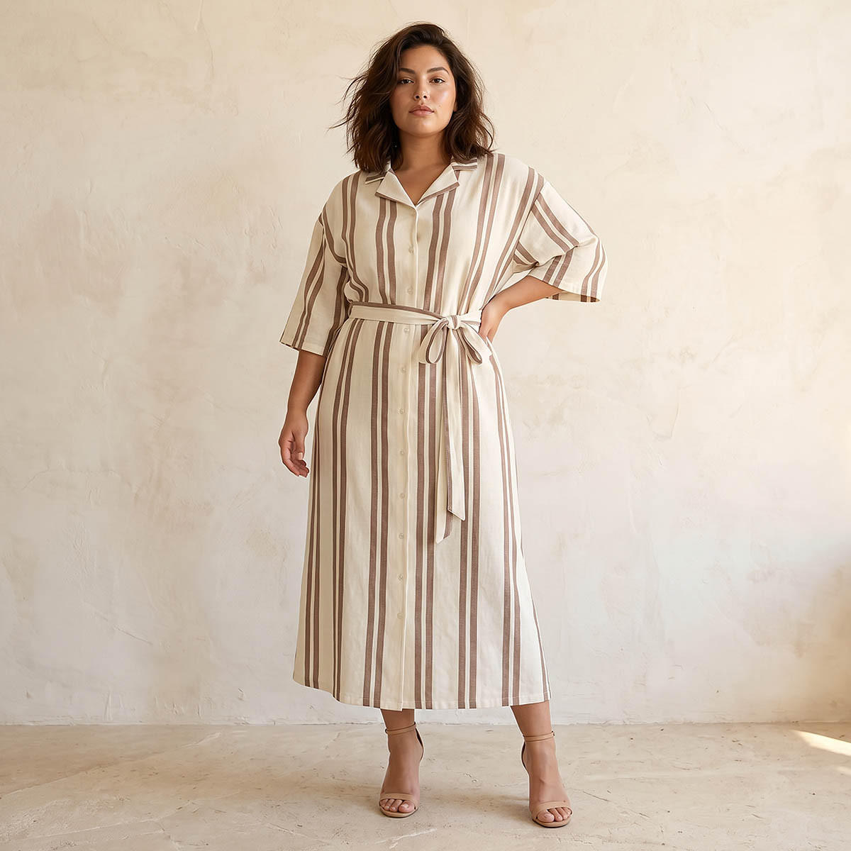 Ulla Popken Striped Women Shirt Dress with Tie-Up Belt-women-clothing-dresses-image-1