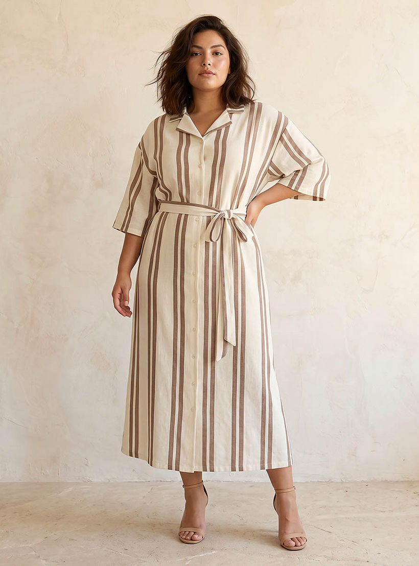 Ulla Popken Striped Women Shirt Dress with Tie-Up Belt-women-clothing-dresses-image-1