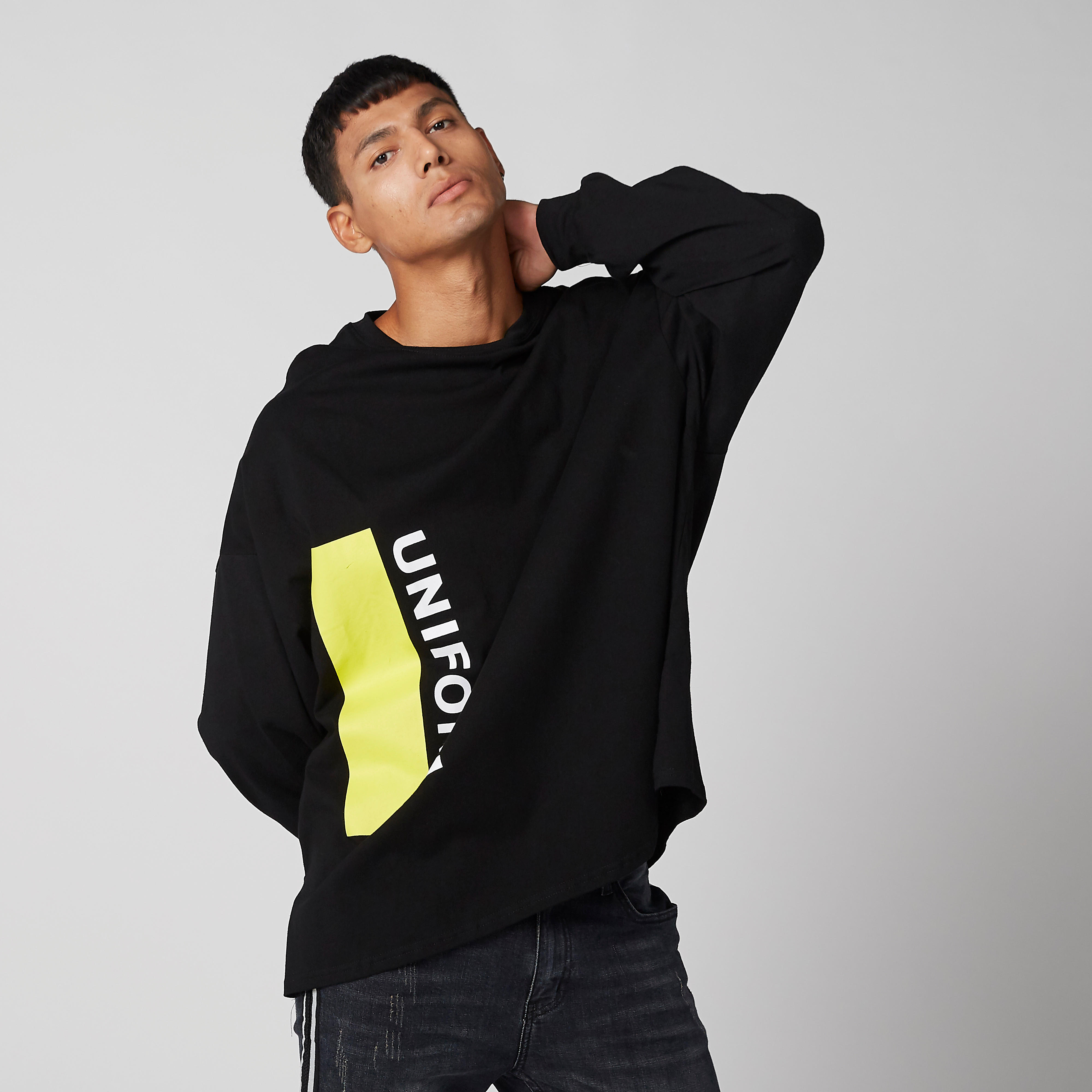 Printed Longline Sweatshirt with Cuffed Long Sleeves-men-winterwear-hoodiesandsweatshirts-image-1