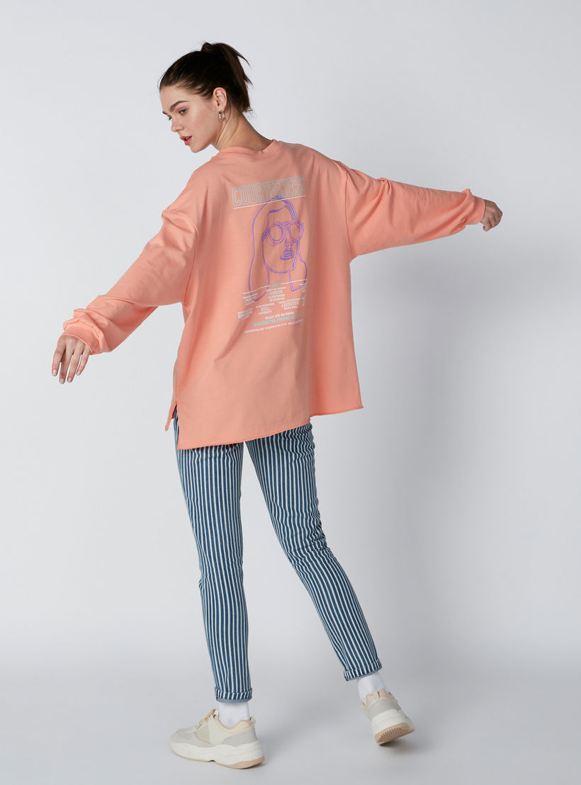 Printed Oversized Sweat Top with Round Neck and Long Sleeves-women-winterwear-hoodiesandsweatshirts-sweatshirts-image-2