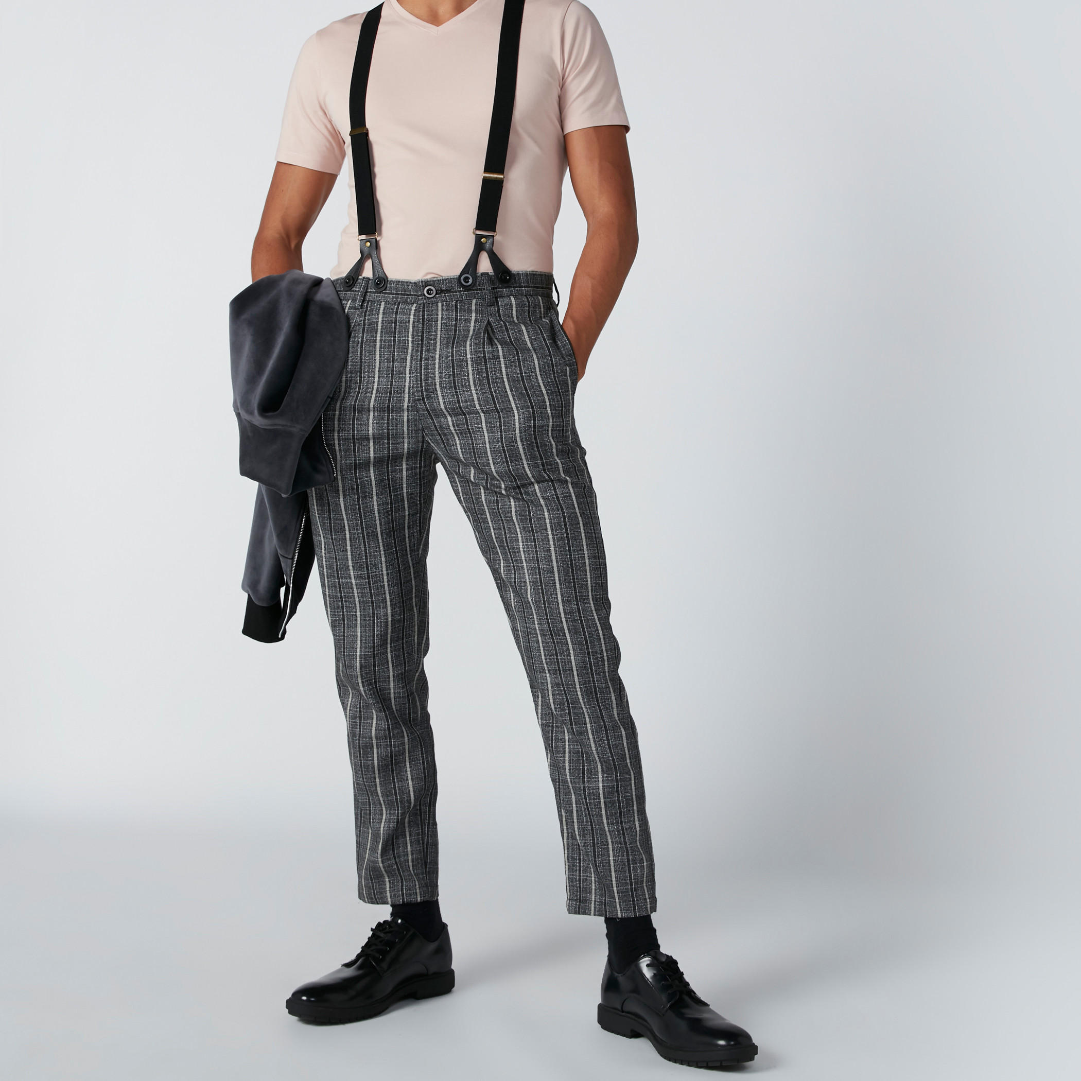 Shop Striped Trousers with Pocket Detail and Suspenders Online