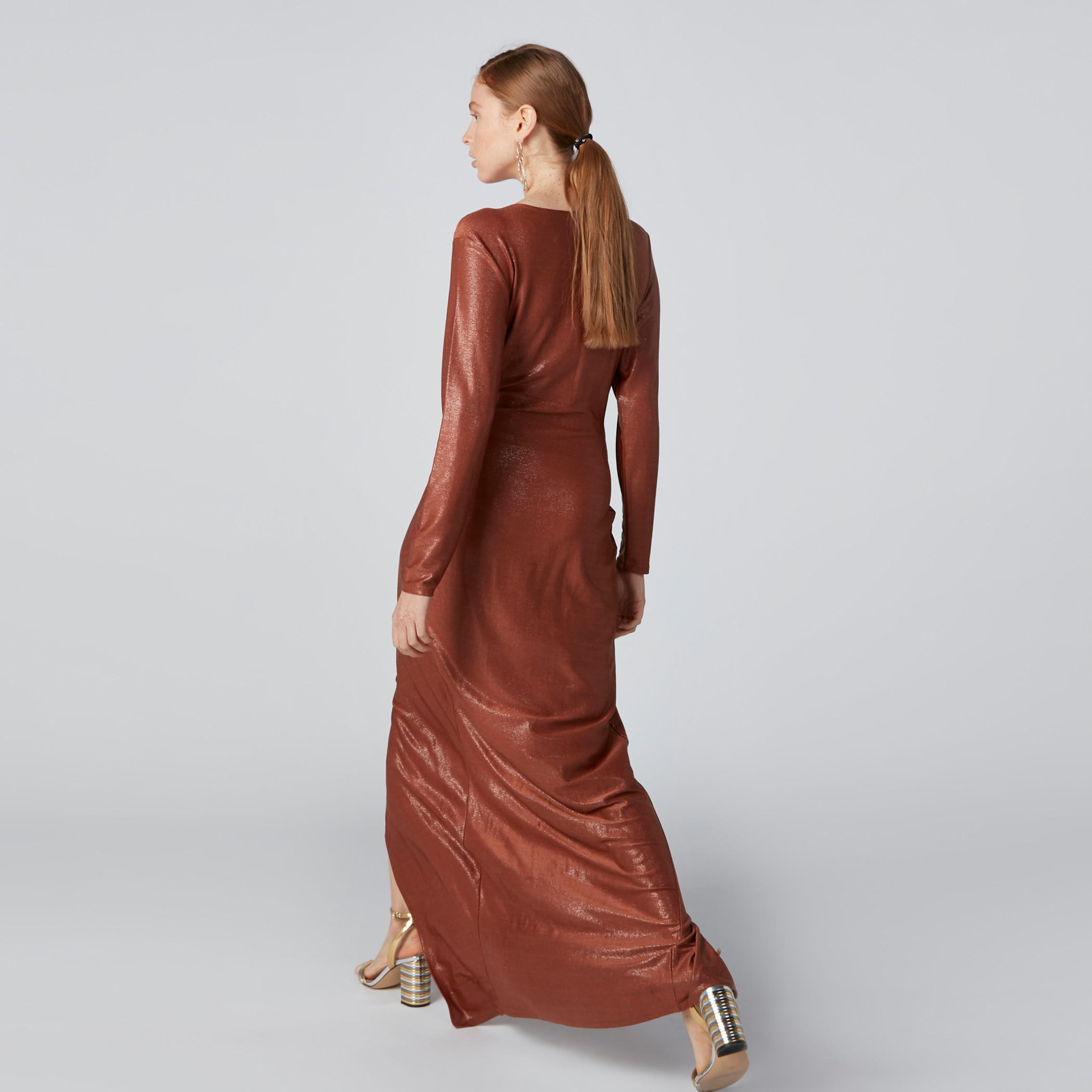 Textured Bodycon Maxi Dress with Front Slit and V-Neck-women-clothing-dresses-image-2