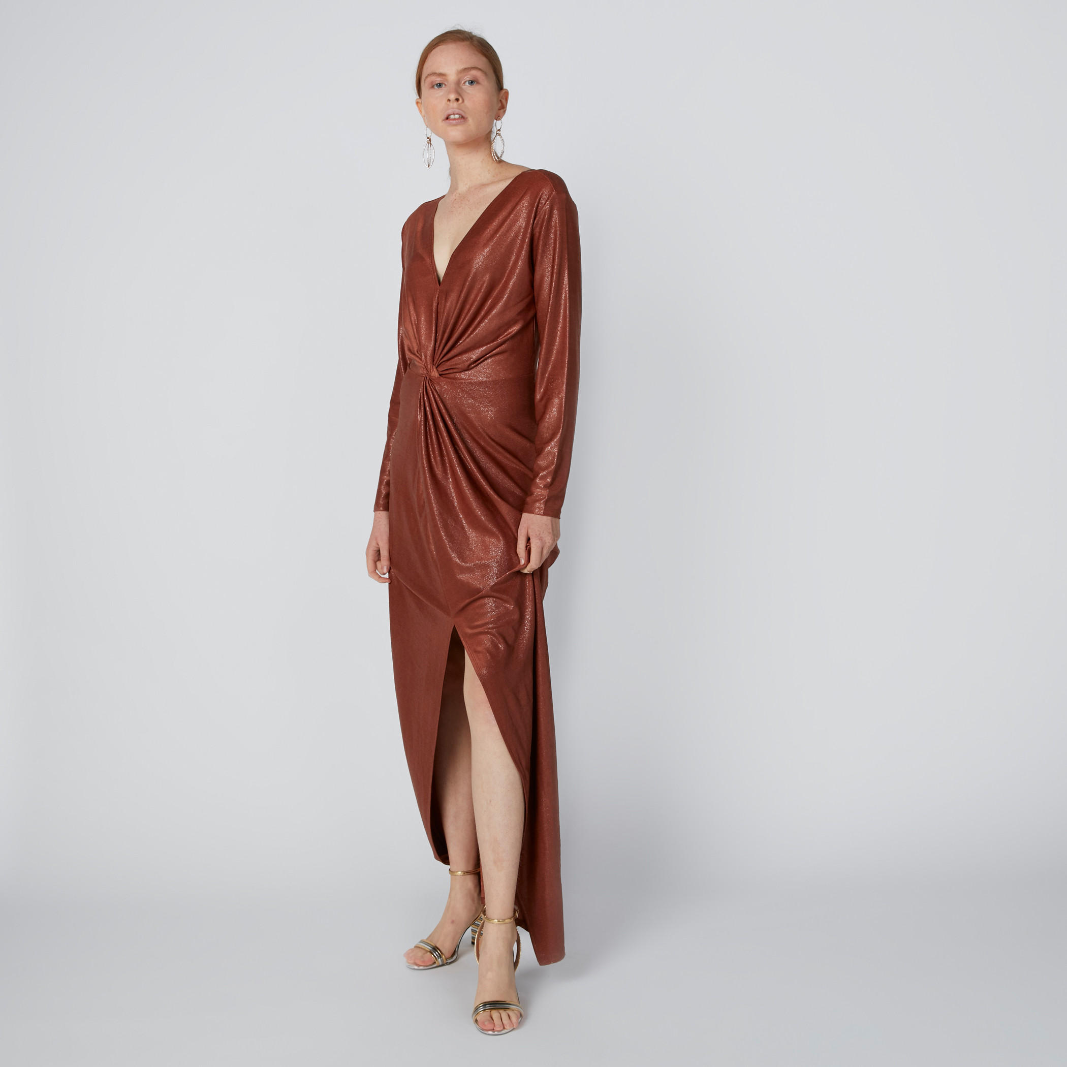 Textured Bodycon Maxi Dress with Front Slit and V-Neck-women-clothing-dresses-image-3