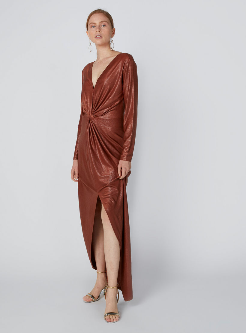 Textured Bodycon Maxi Dress with Front Slit and V-Neck-women-clothing-dresses-image-3