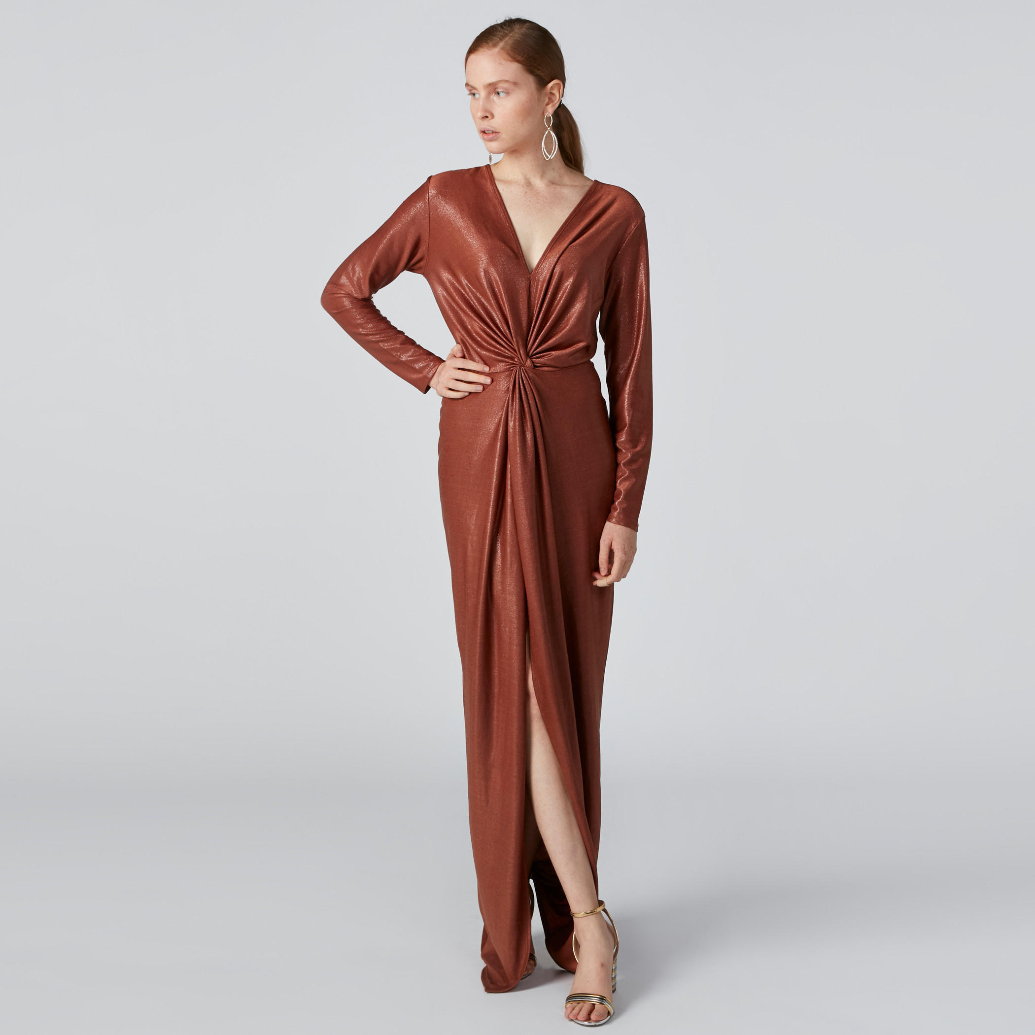 Textured Bodycon Maxi Dress with Front Slit and V-Neck-women-clothing-dresses-image-5