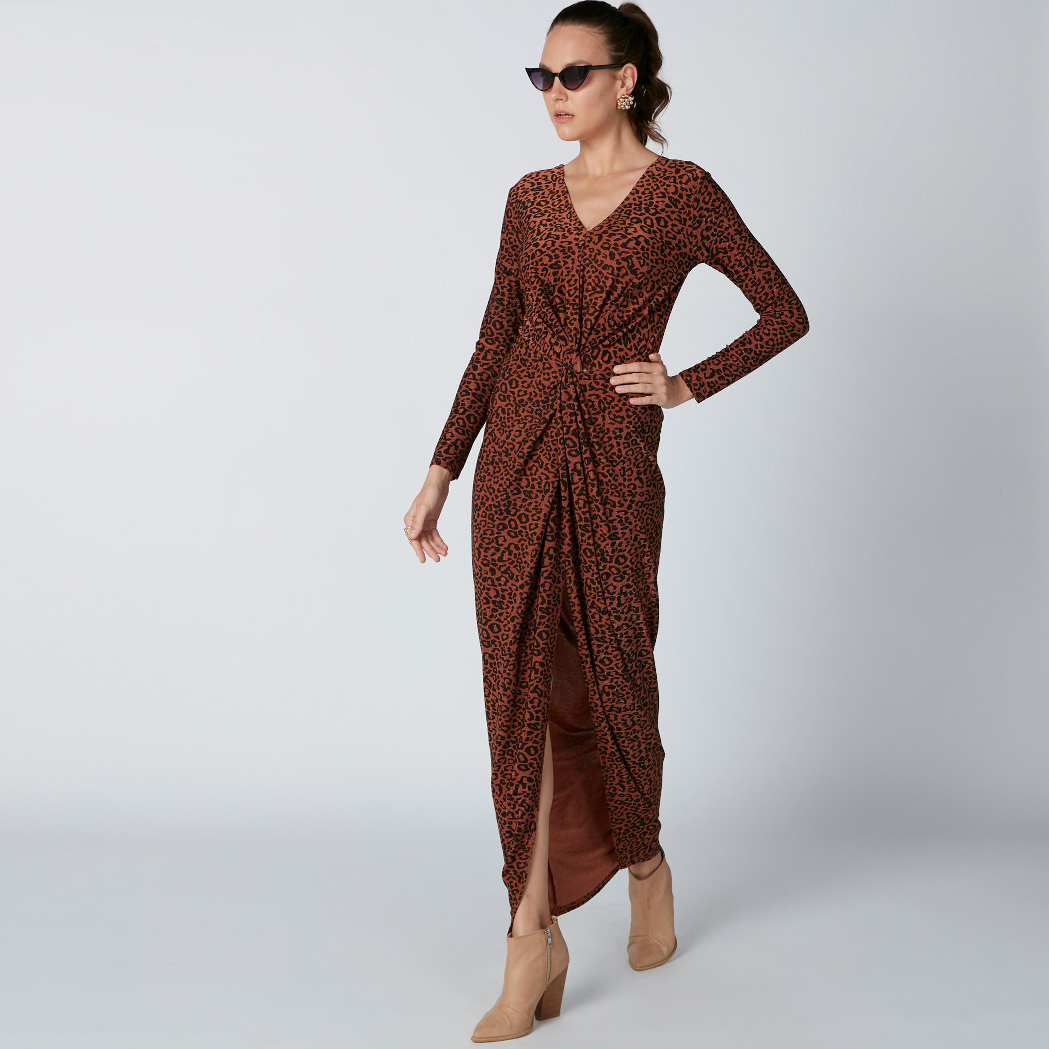 Animal Printed Maxi Dress with V-Neck and Long Sleeves-women-clothing-dresses-image-3