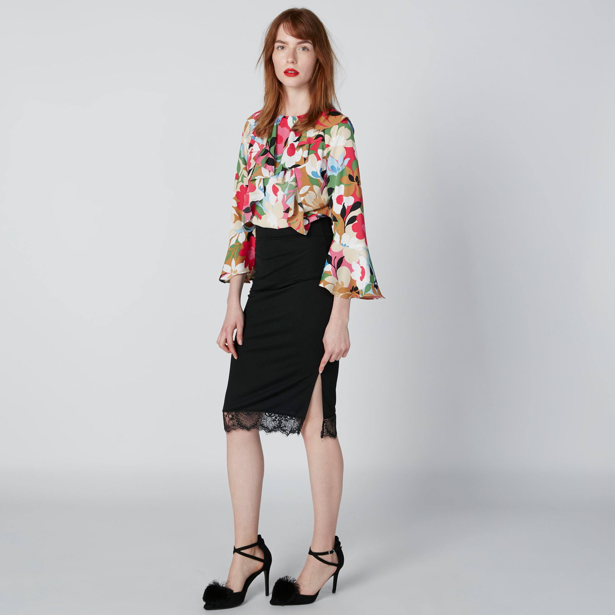 تنورة ضيّقة متوسطة الطول بفتحة جانبية وتفاصيل دانتيل-women-clothing-bottoms-skirts-image-1