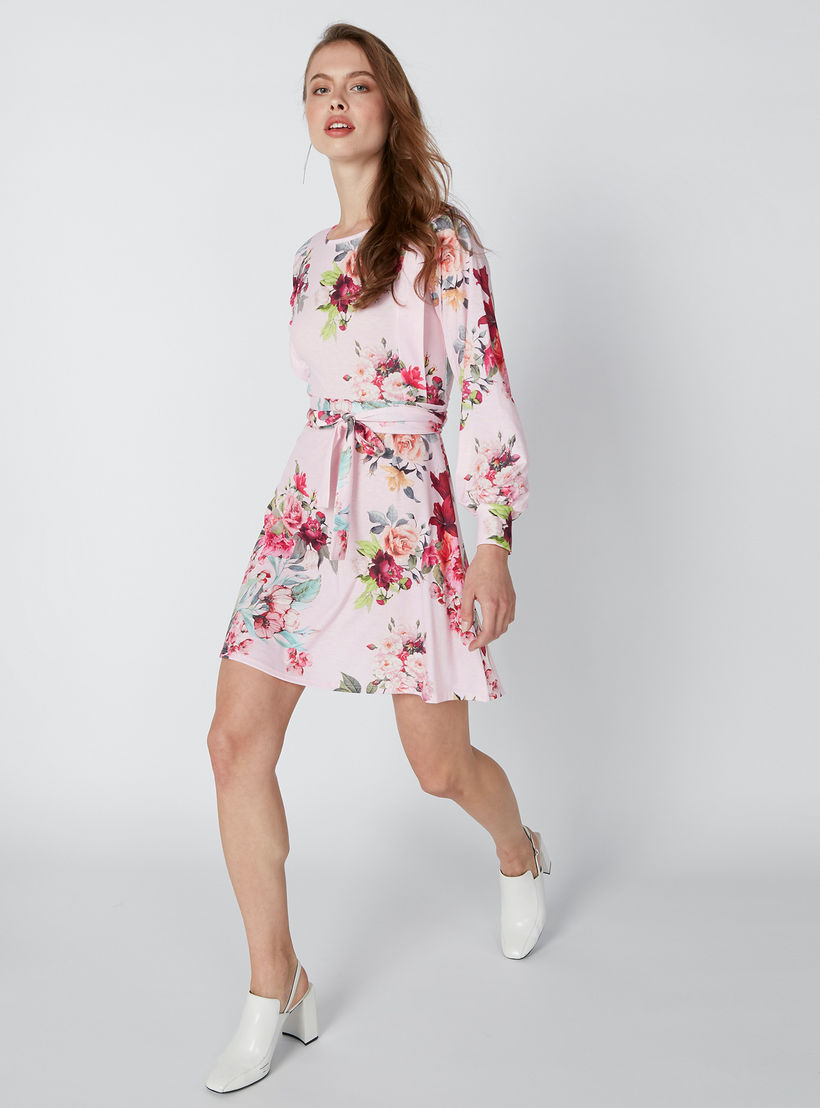 فستان قصير واسع بأكمام طويلة وطبعات زهرية-women-clothing-dresses-image-3