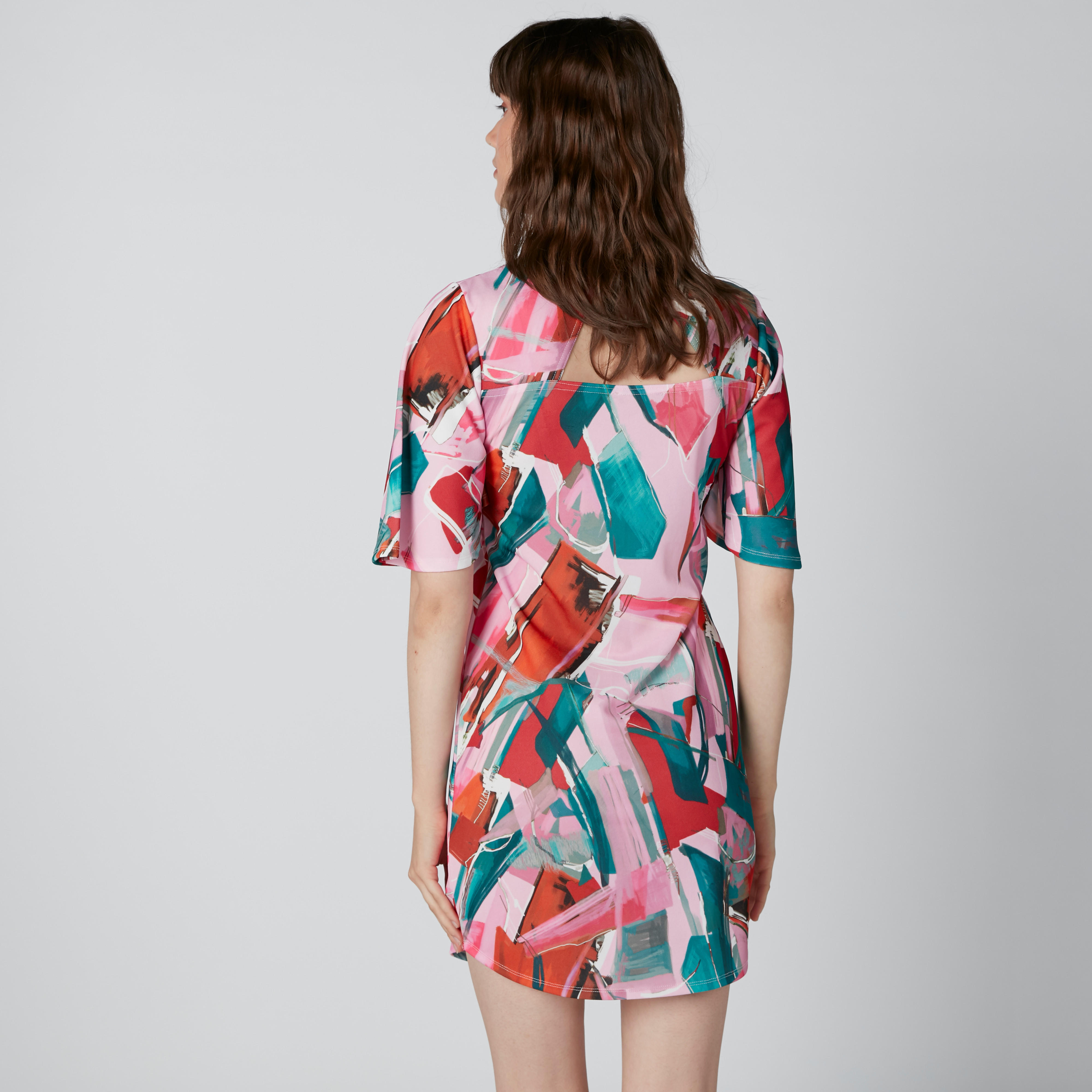 Printed Bodycon Mini Dress with Flared Sleeves and High Neck-women-clothing-dresses-image-2