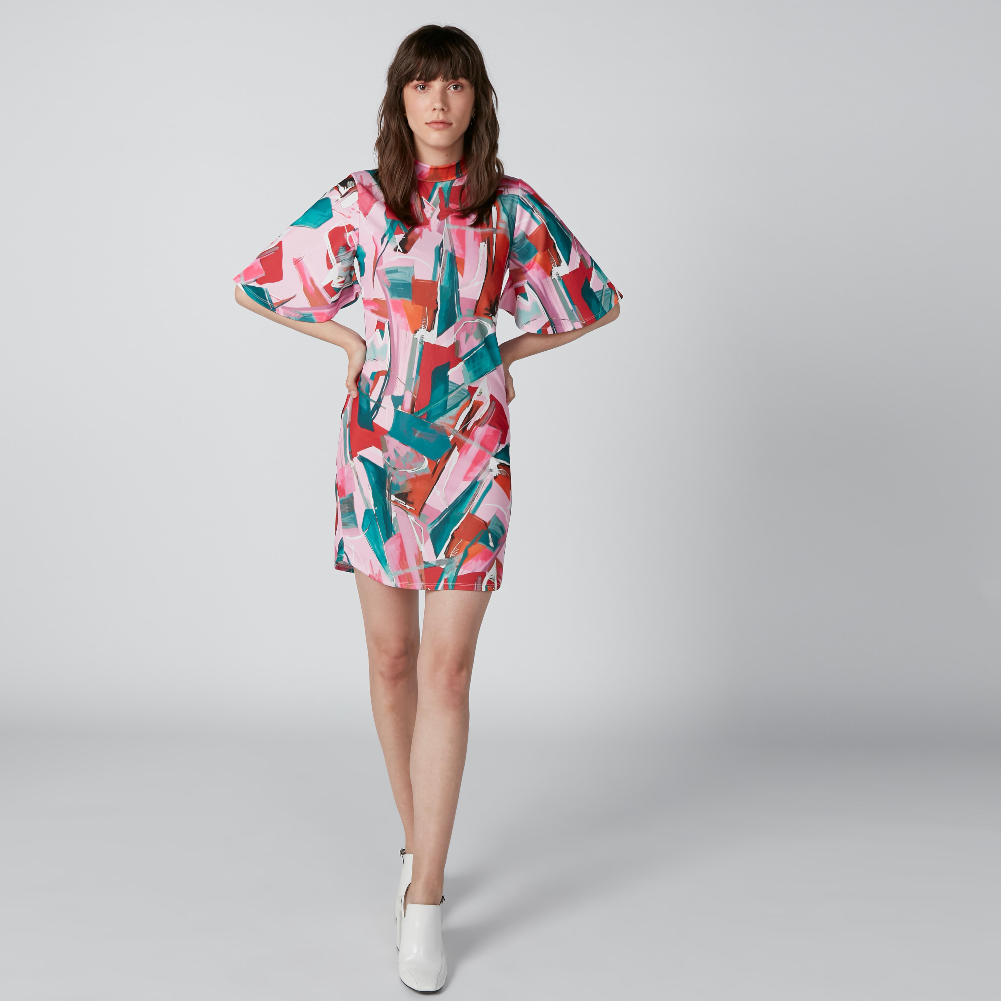Printed Bodycon Mini Dress with Flared Sleeves and High Neck-women-clothing-dresses-image-3