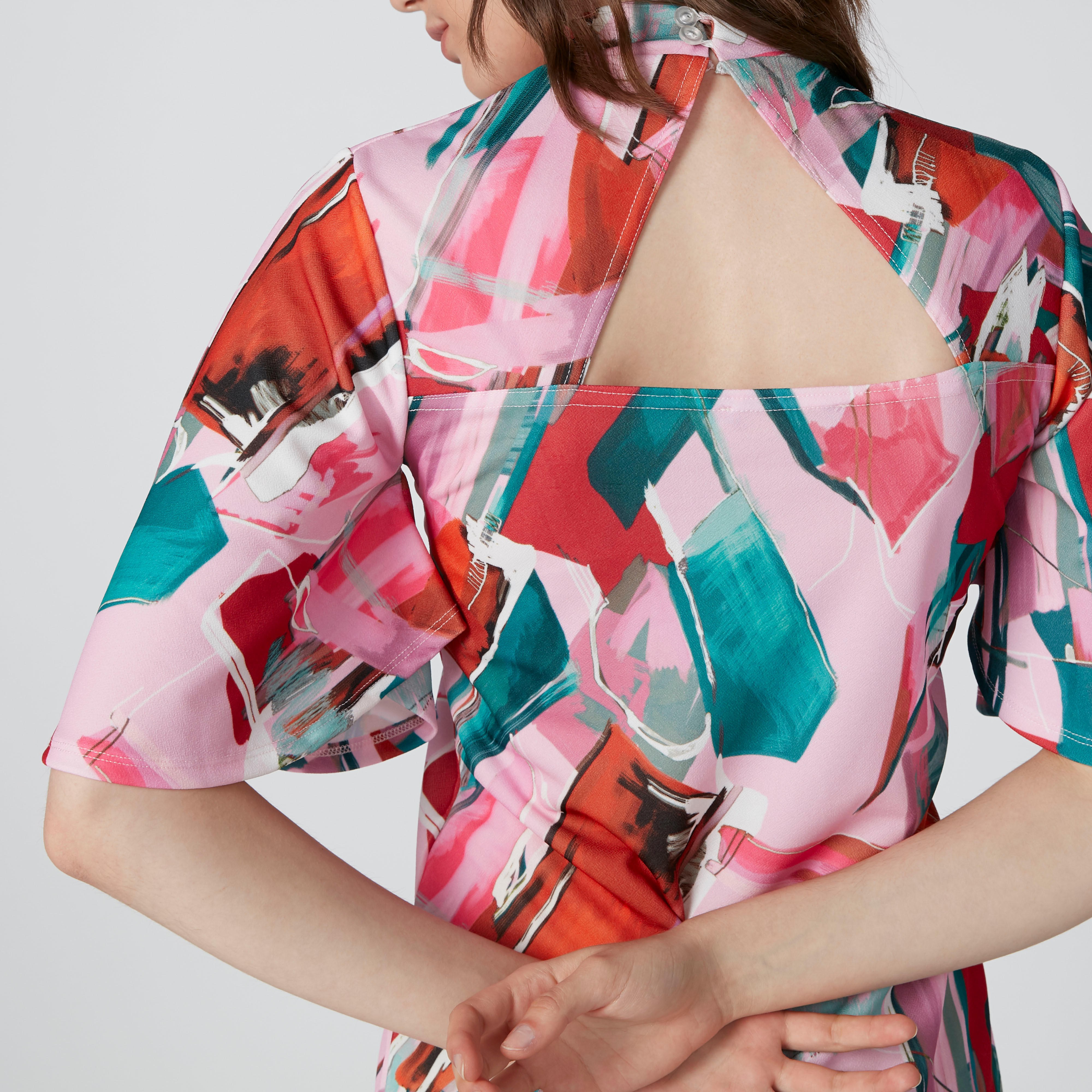 Printed Bodycon Mini Dress with Flared Sleeves and High Neck-women-clothing-dresses-image-4
