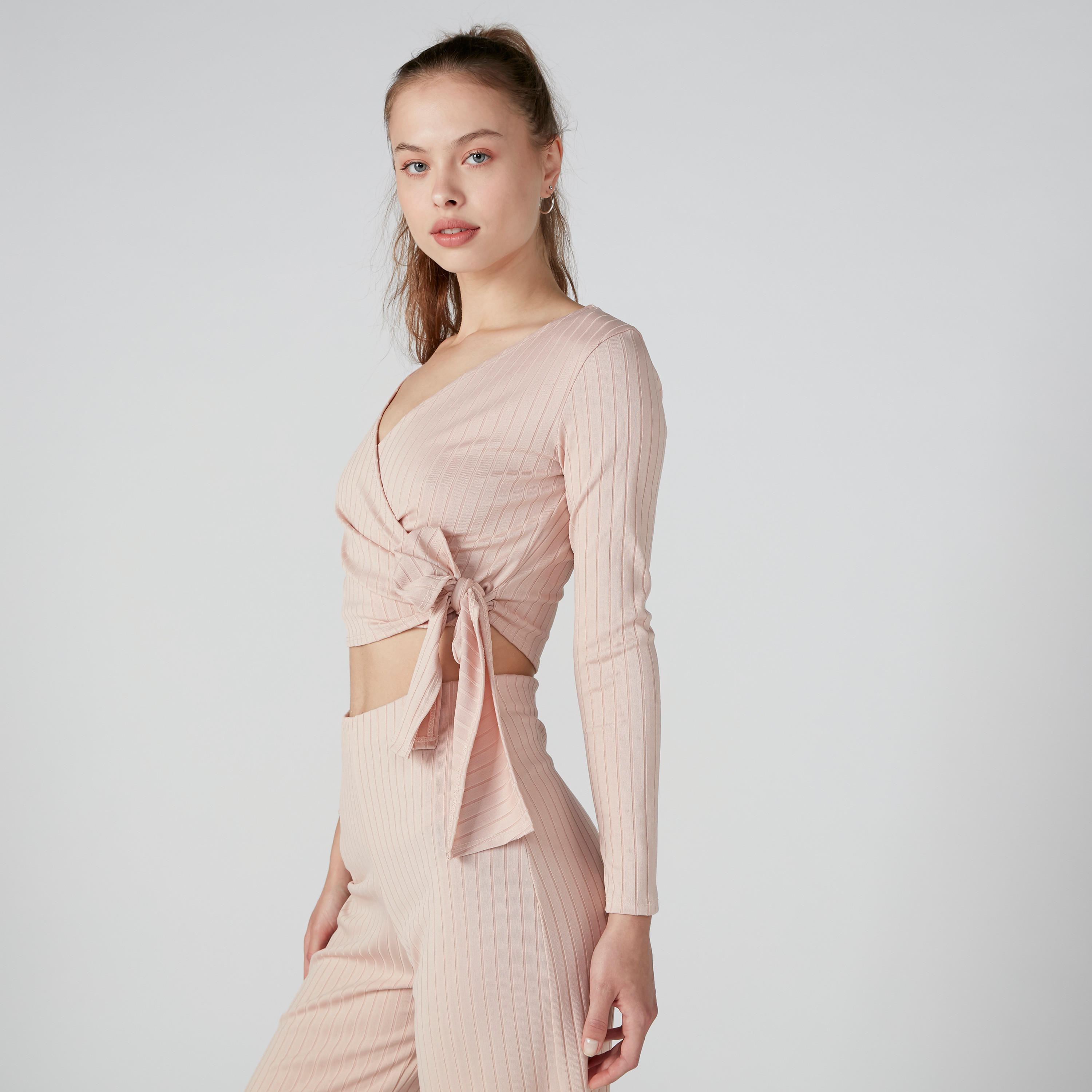 Textured Crop Top with V-Neck and Tie Ups-women-clothing-shirtsandblouses-blouses-image-1