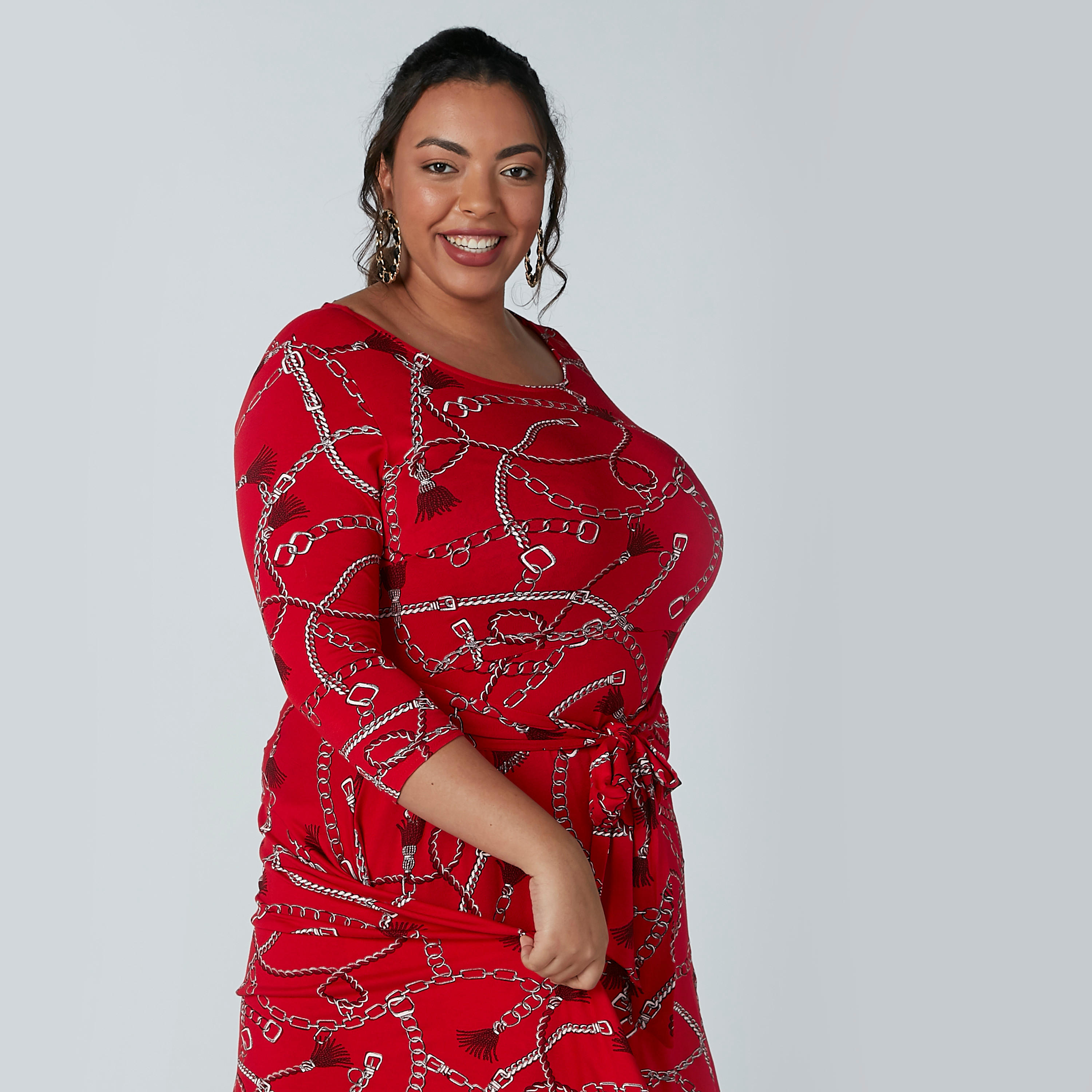 فستان متوسط الطول بأكمام 3/4 وحواف غير مستوية وطبعات-women-clothing-dresses-image-4