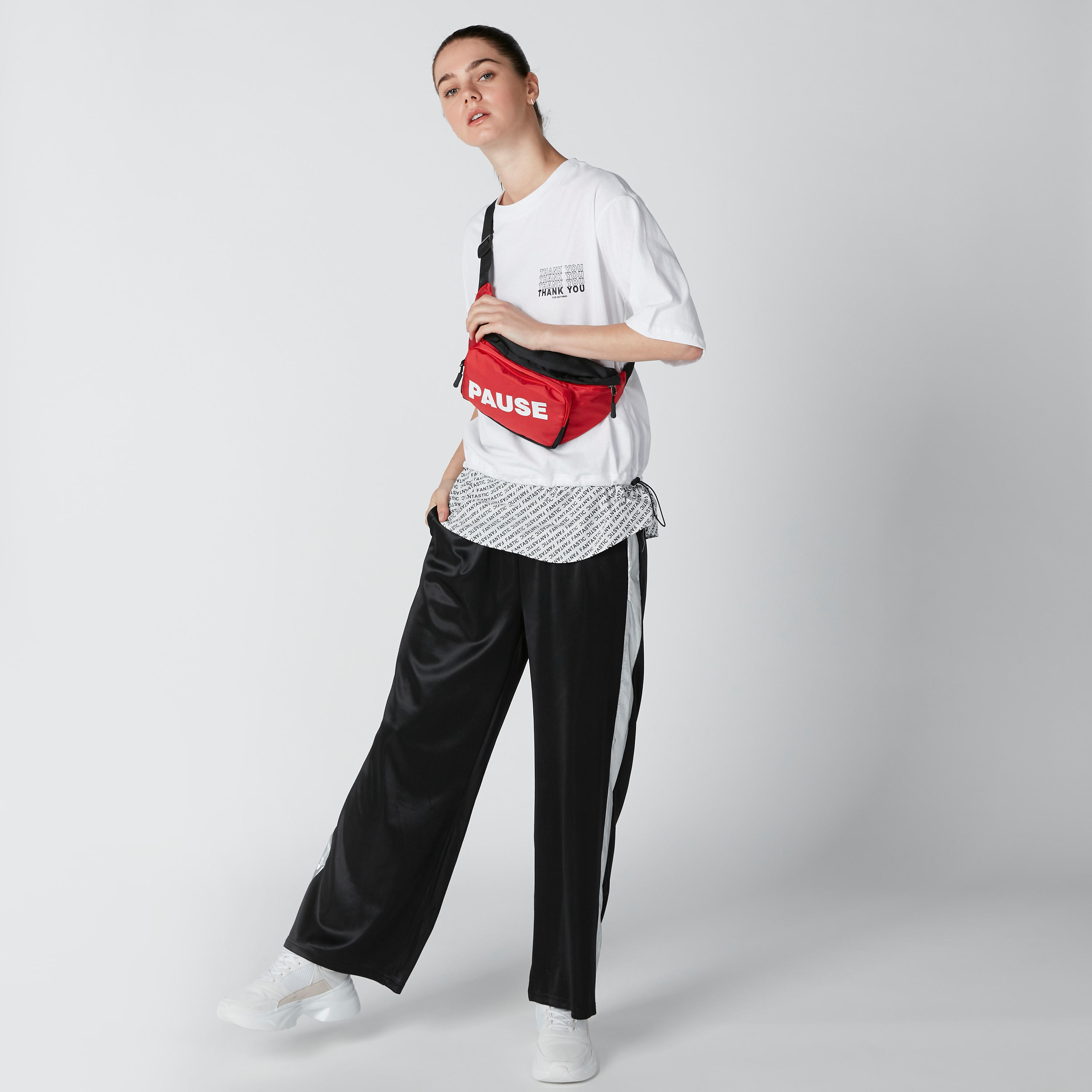 Printed T-Shirt in Regular Fit with Drawstring Sides-women-clothing-tshirts-image-1