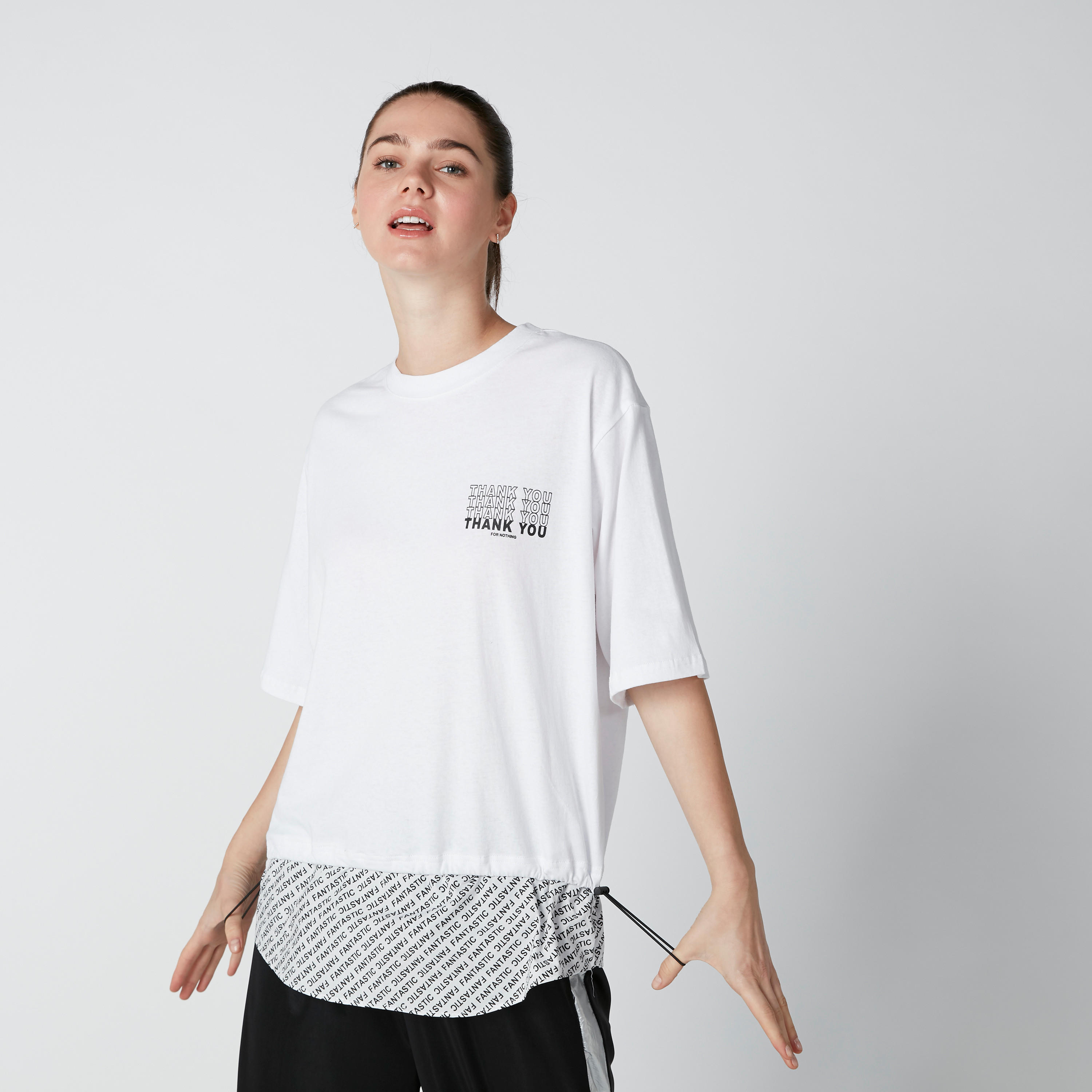 Printed T-Shirt in Regular Fit with Drawstring Sides-women-clothing-tshirts-image-3