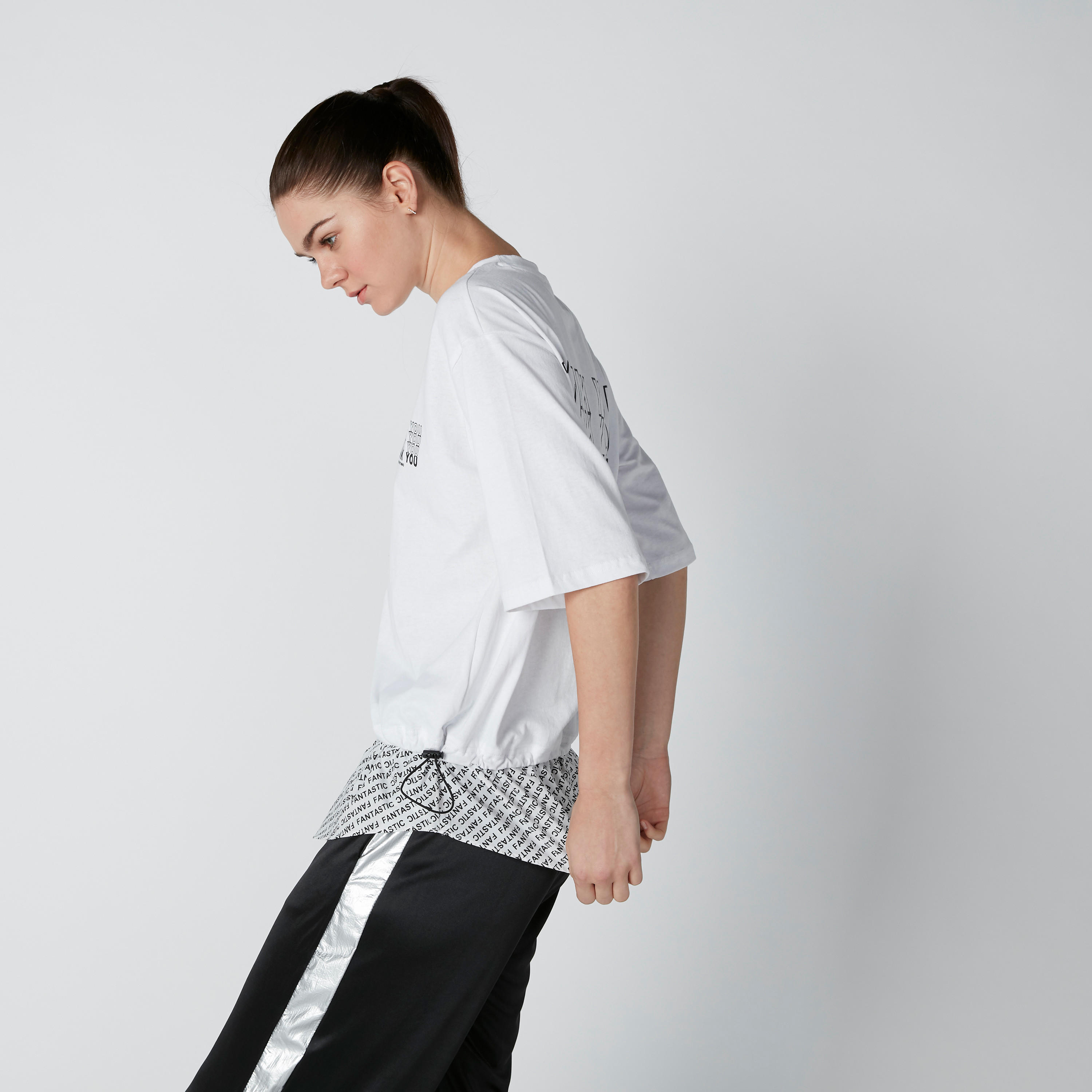 Printed T-Shirt in Regular Fit with Drawstring Sides-women-clothing-tshirts-image-4