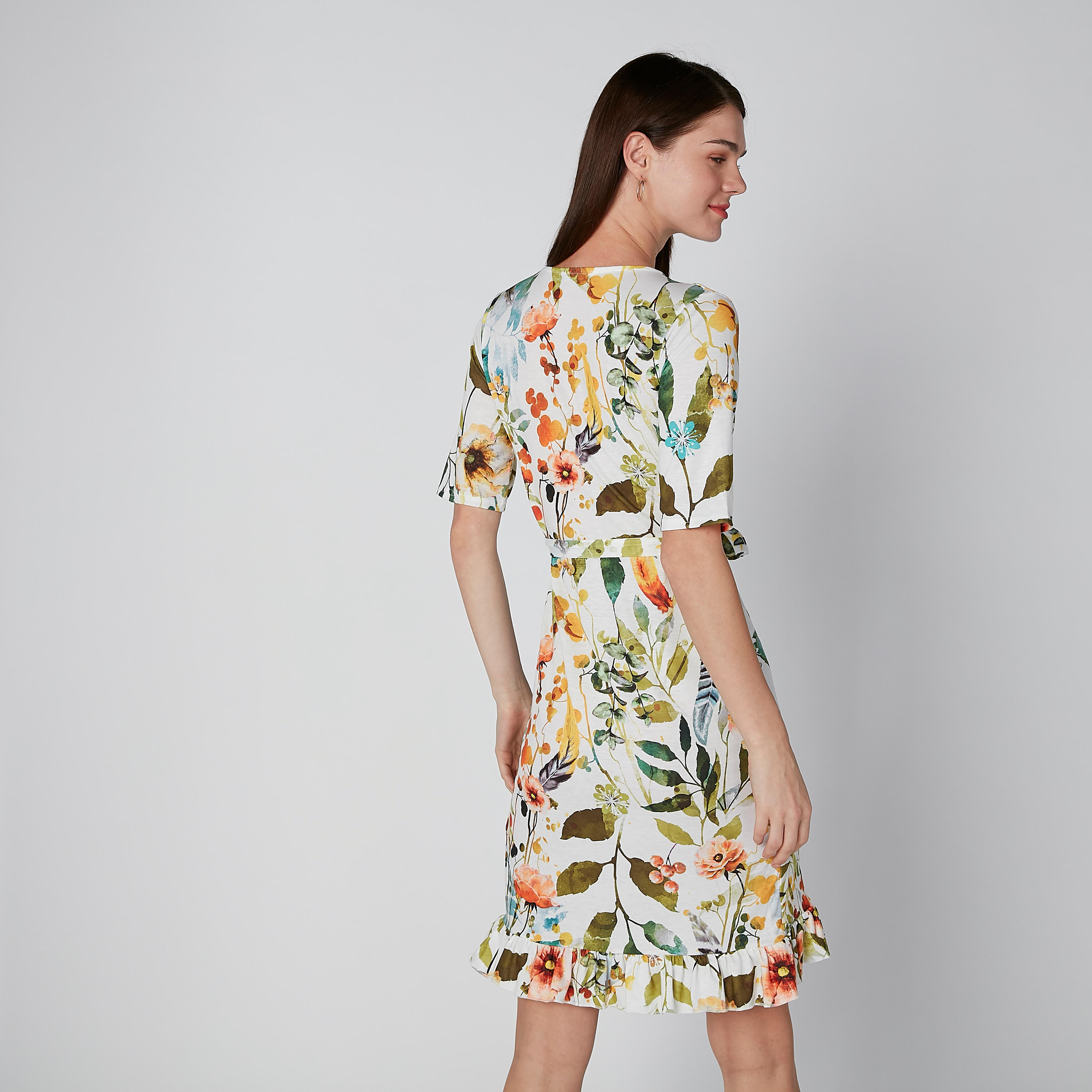 فستان ملفوف متوسط الطول بأكمام قصيرة وطبعات زهرية-women-clothing-dresses-image-2