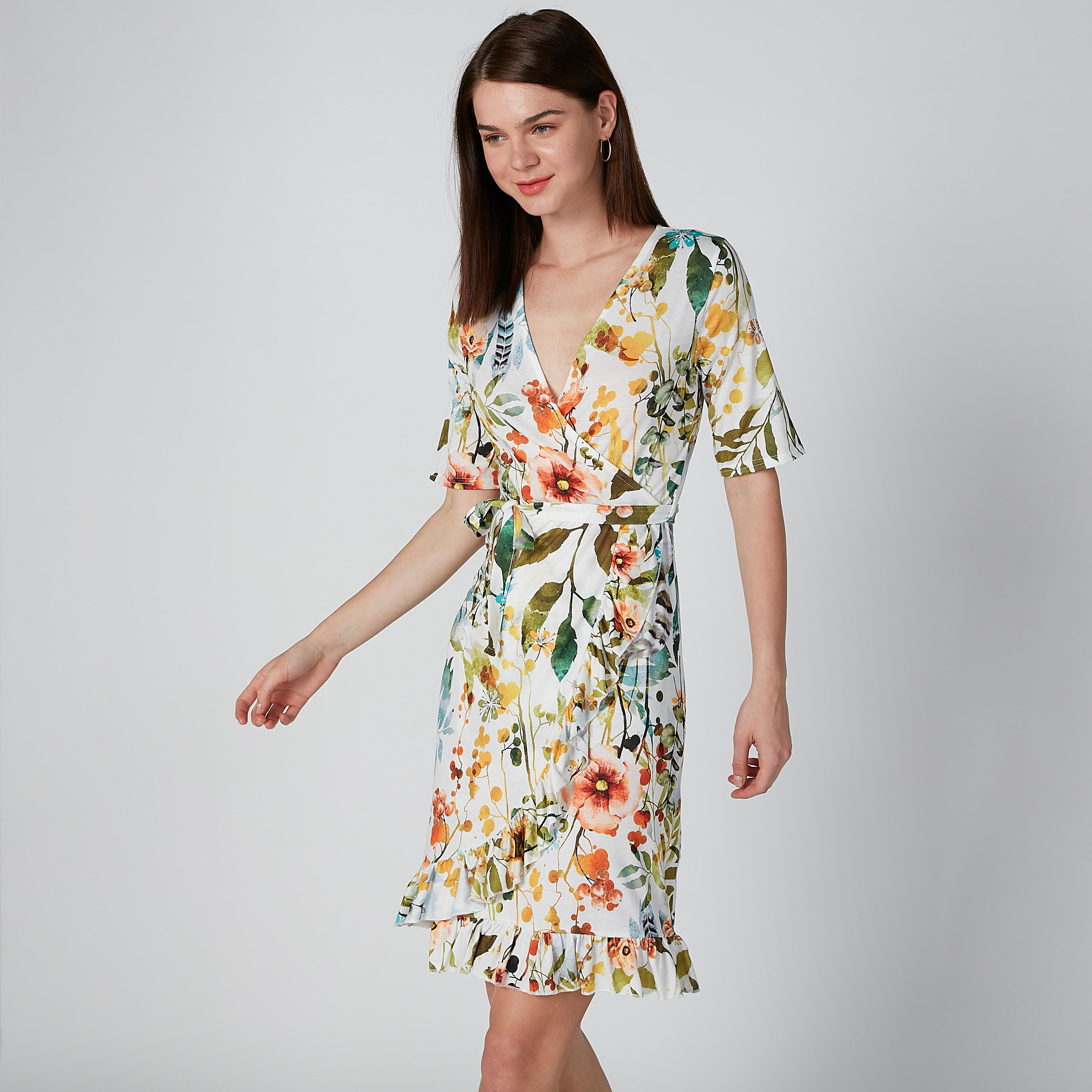 فستان ملفوف متوسط الطول بأكمام قصيرة وطبعات زهرية-women-clothing-dresses-image-4