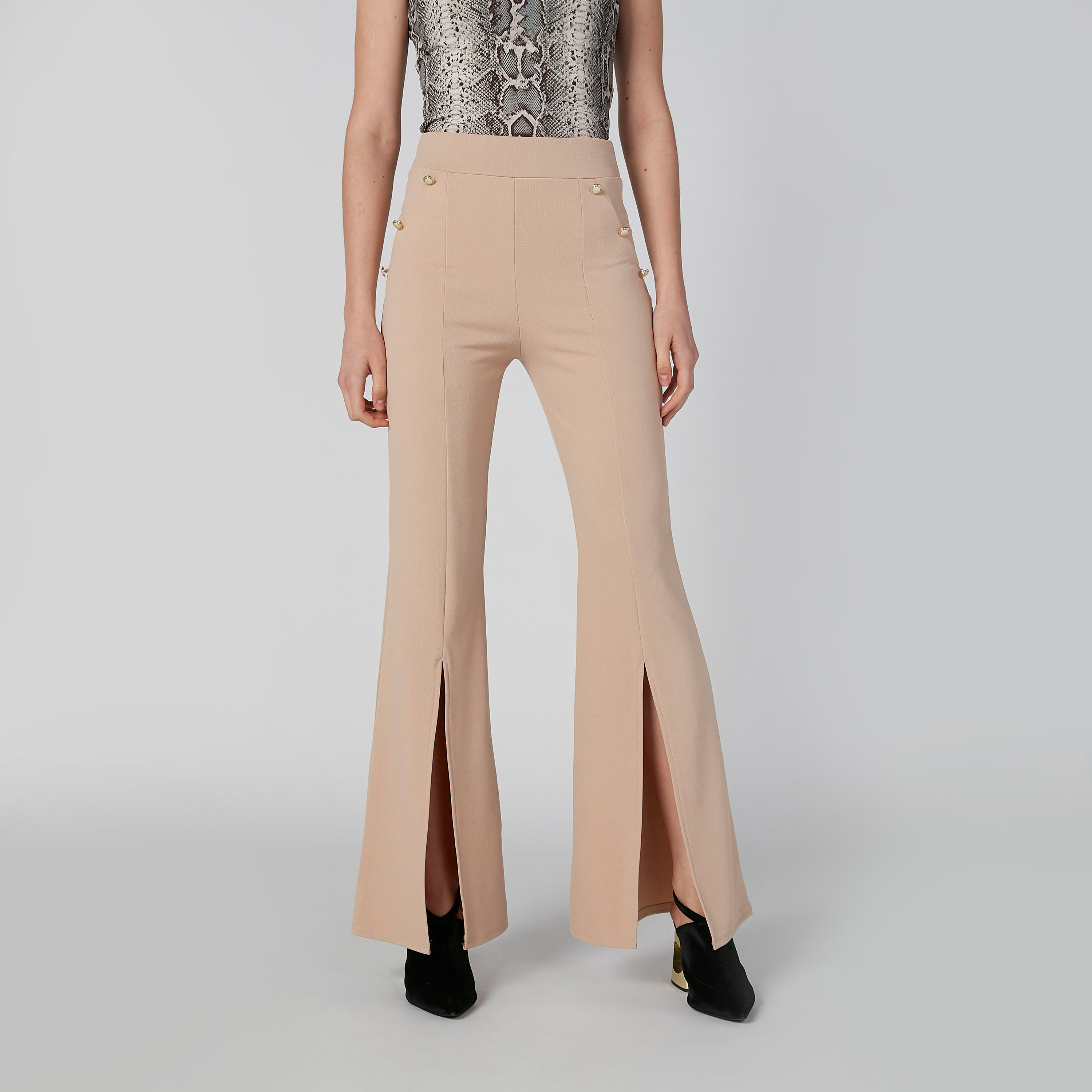 بنطلون مرن سادة بخصر مطاطي مع شق و زينة-women-clothing-bottoms-trousers-image-6
