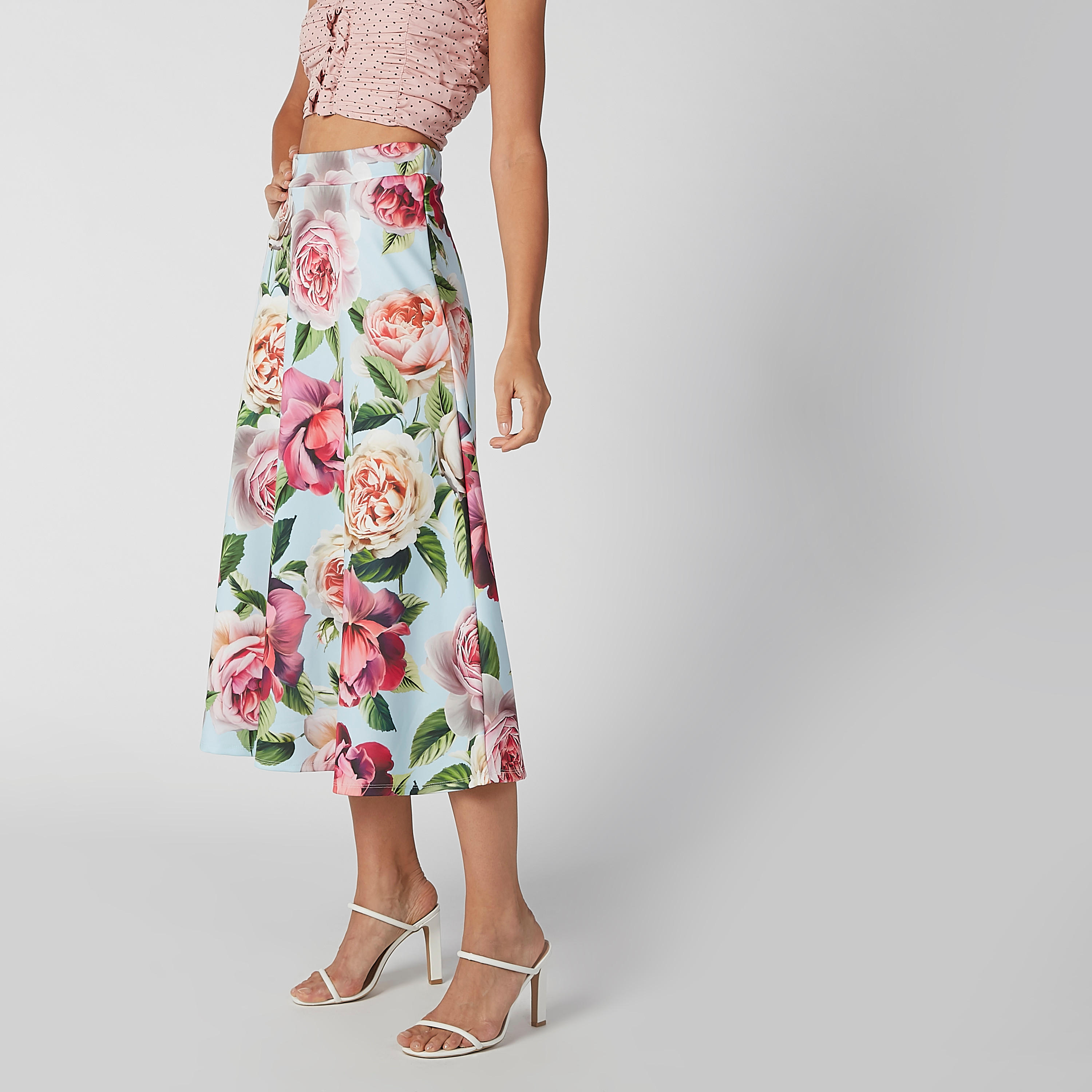 تنورة إيه لاين متوسطة الطول بخصر مطّاطي وطبعات زهرية-women-clothing-bottoms-skirts-image-1