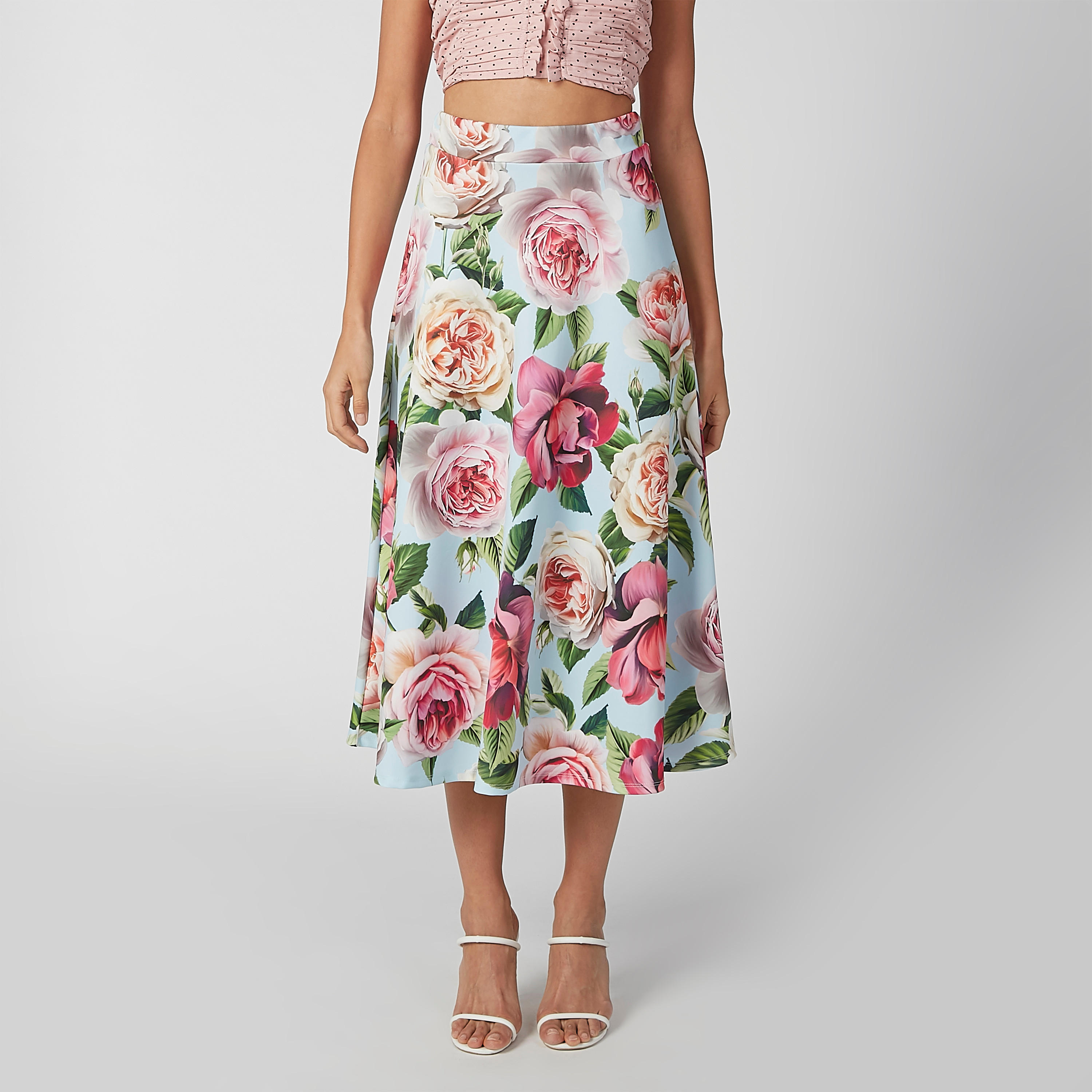 تنورة إيه لاين متوسطة الطول بخصر مطّاطي وطبعات زهرية-women-clothing-bottoms-skirts-image-3