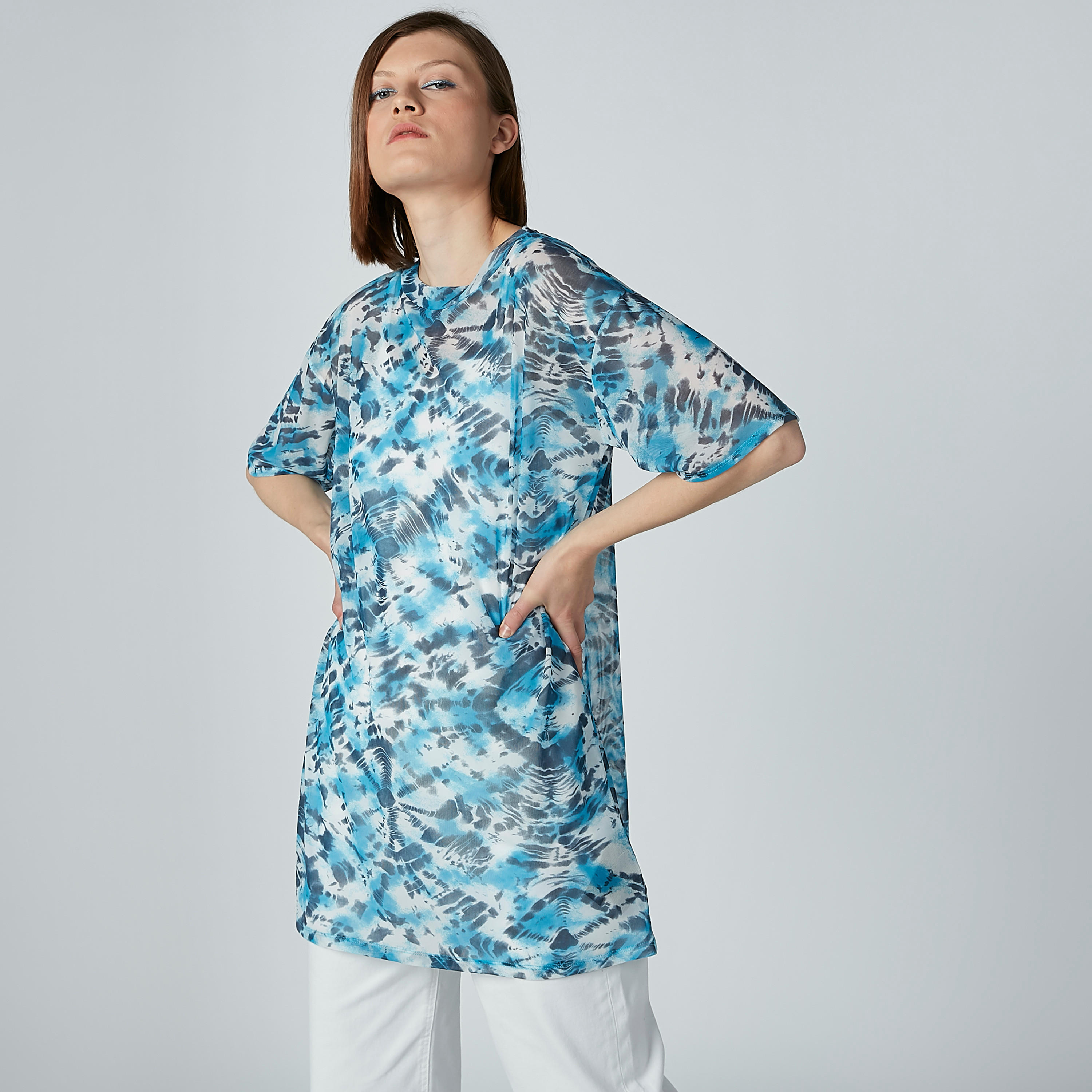 Printed Longline Top with Round Neck and Short Sleeves-women-clothing-shirtsandblouses-blouses-image-1