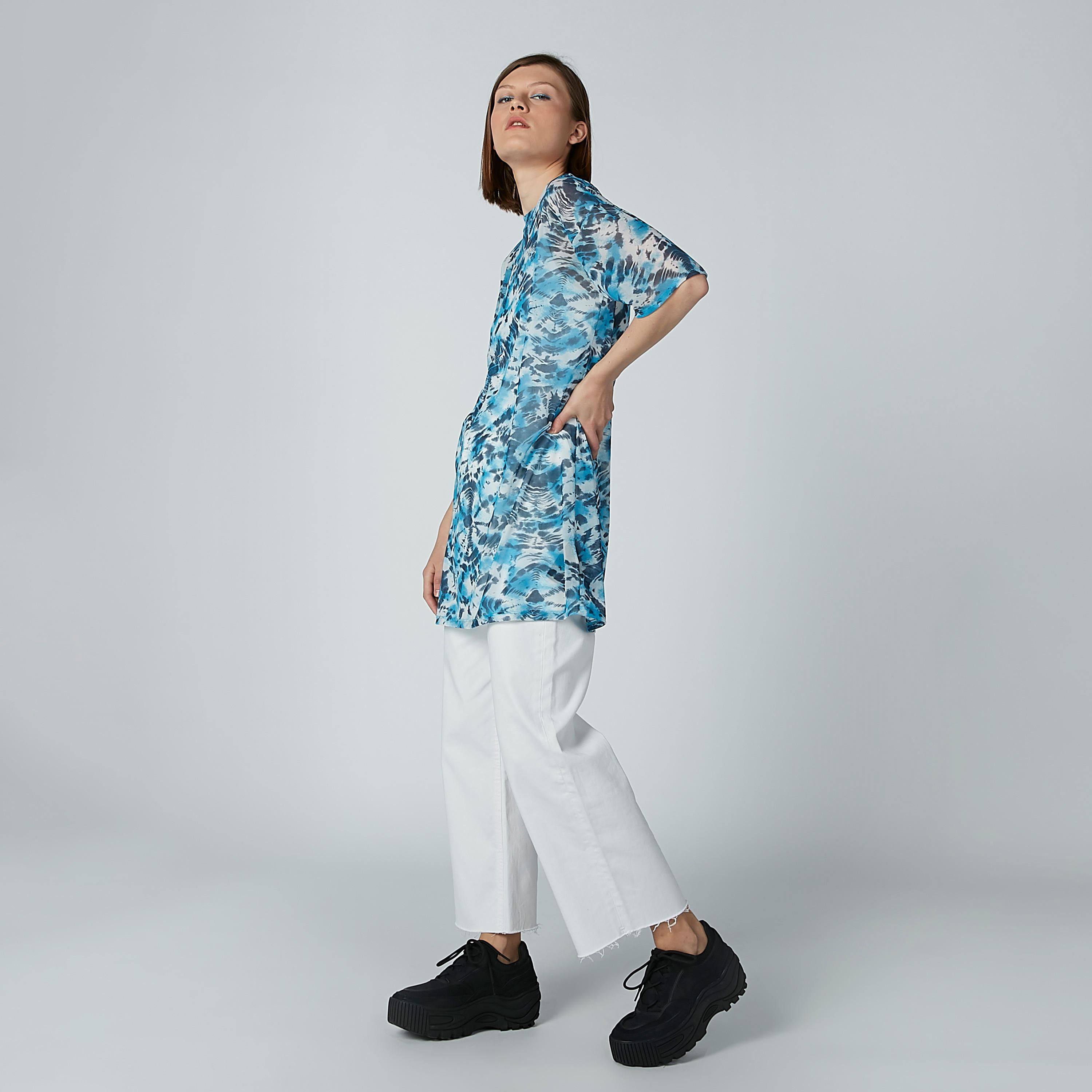 Printed Longline Top with Round Neck and Short Sleeves-women-clothing-shirtsandblouses-blouses-image-2