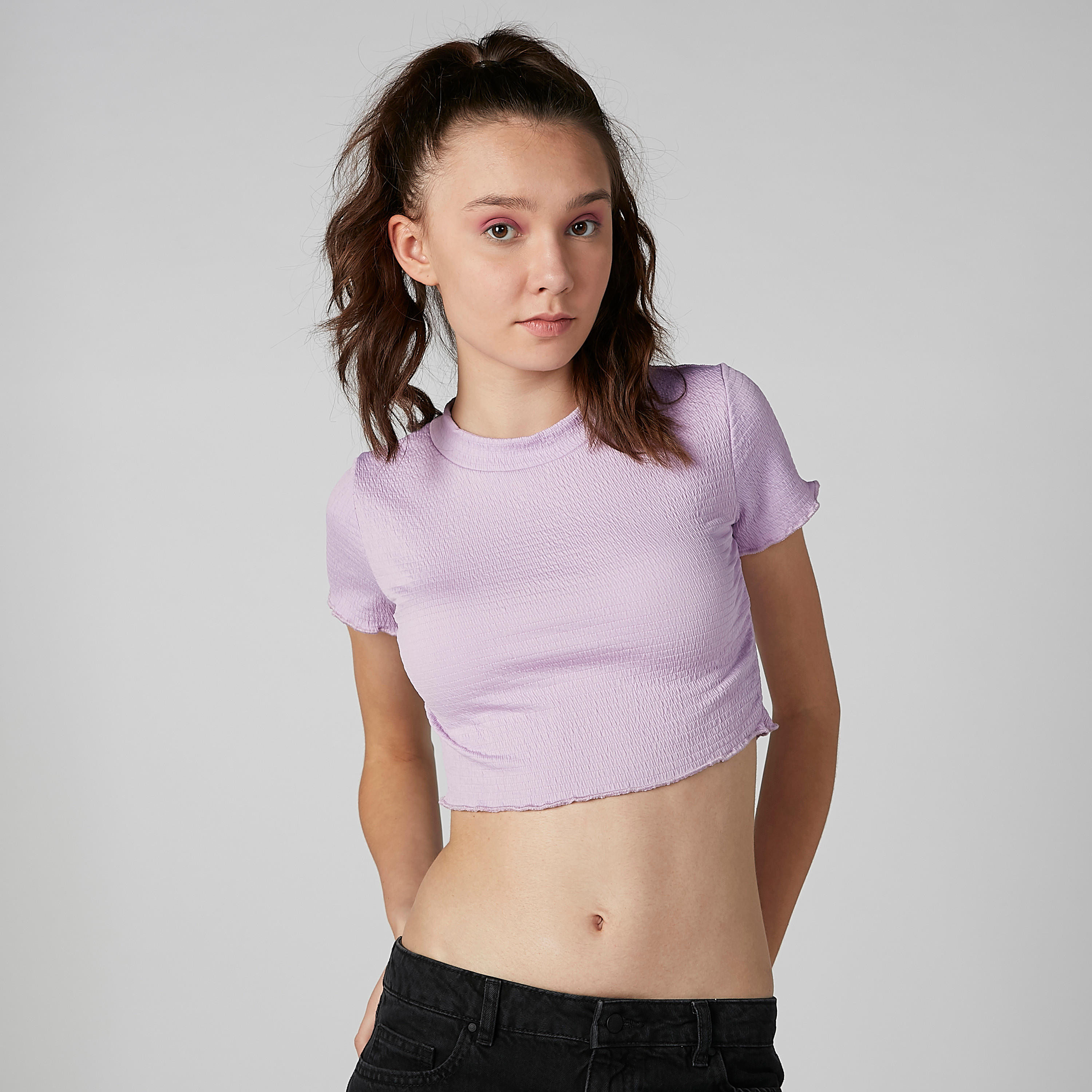 Textured Crop Top with Round Neck and Short Sleeves-women-clothing-shirtsandblouses-blouses-image-1
