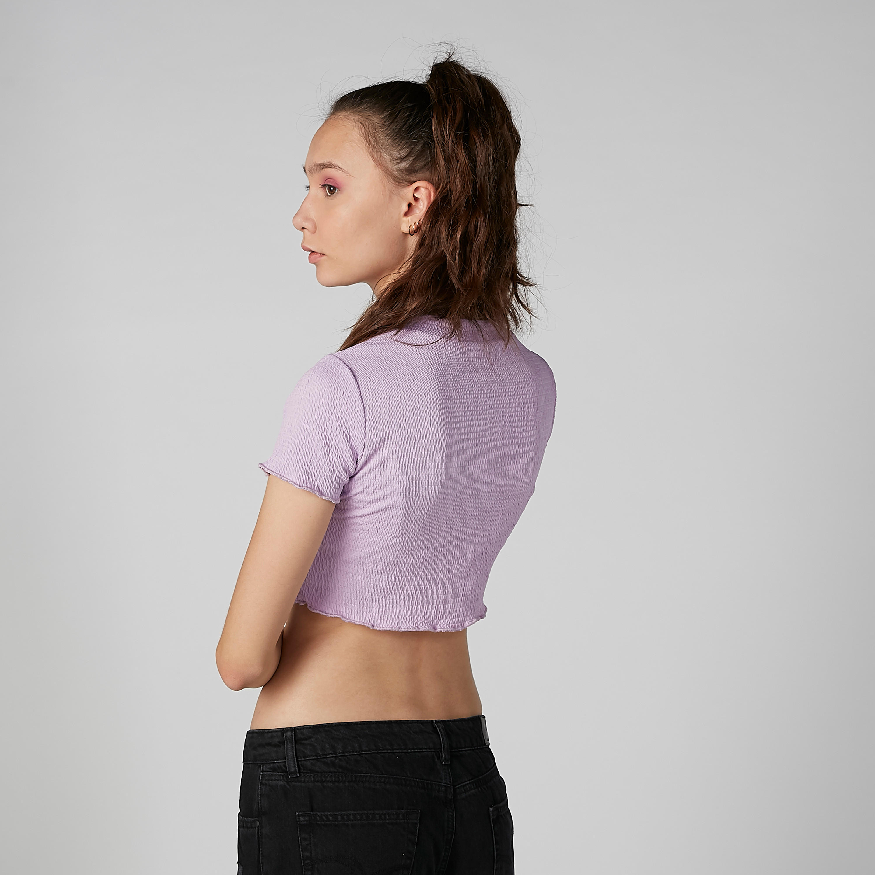 Textured Crop Top with Round Neck and Short Sleeves-women-clothing-shirtsandblouses-blouses-image-3