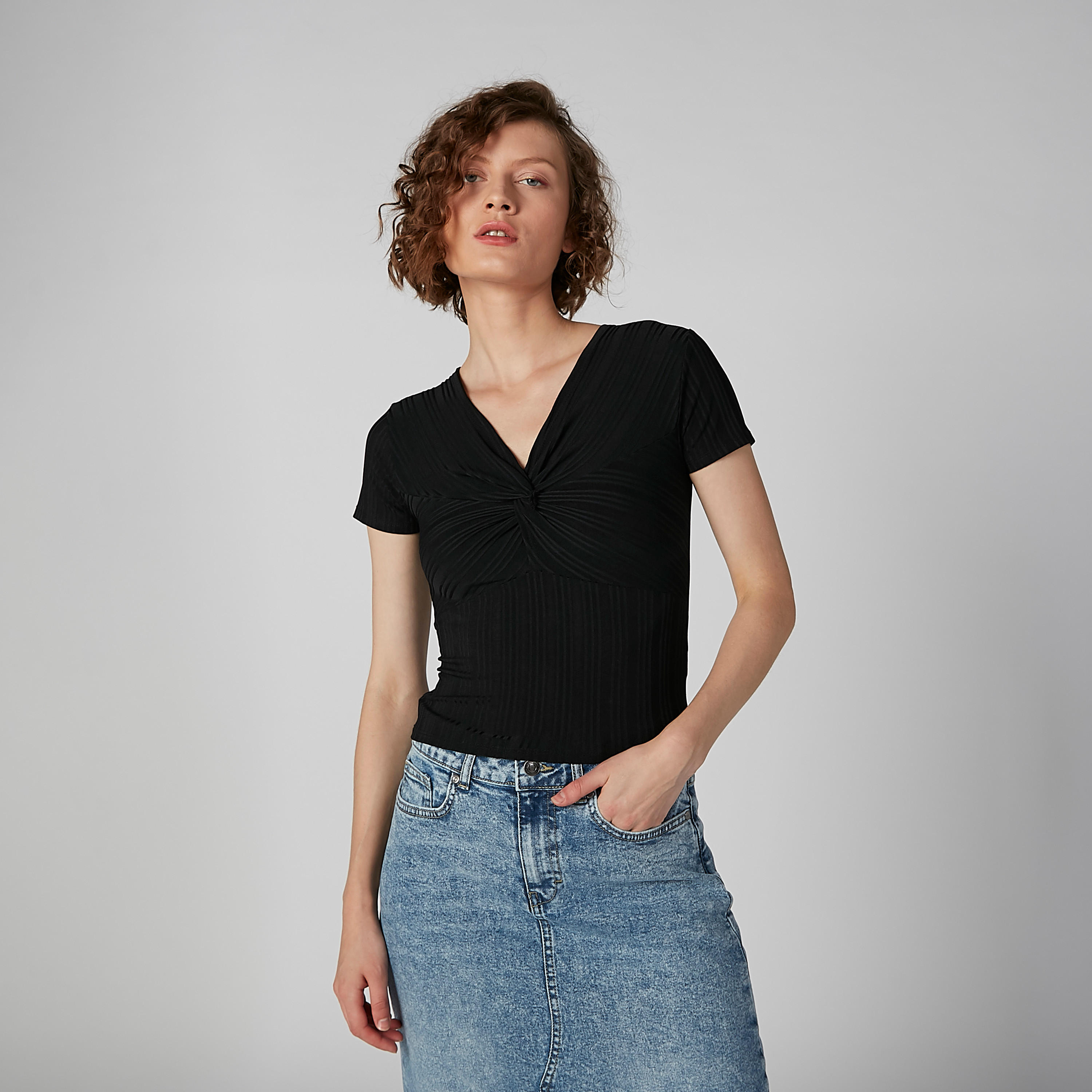 Textured Knot Front V-neck Top with Short Sleeves-women-clothing-shirtsandblouses-blouses-image-1