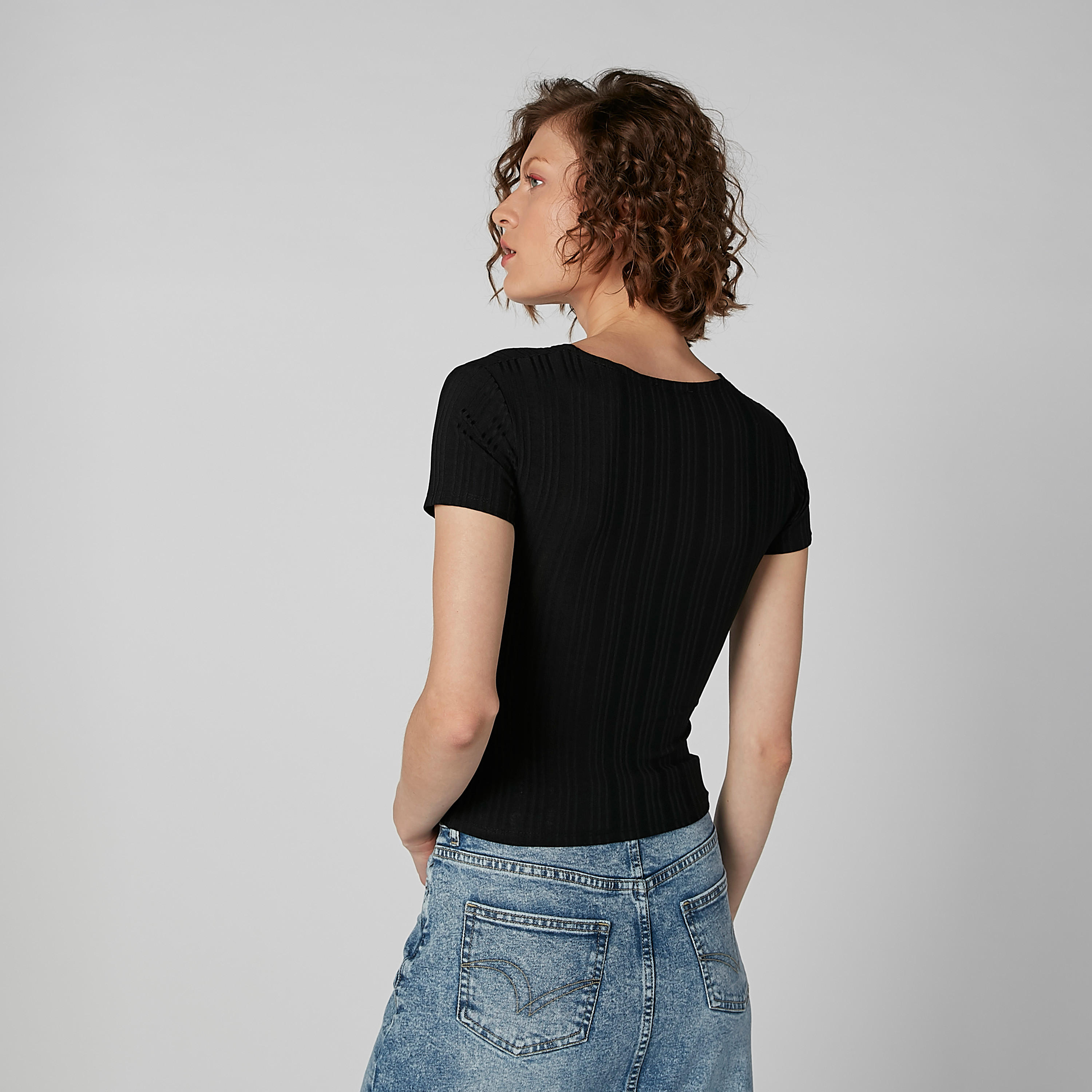 Textured Knot Front V-neck Top with Short Sleeves-women-clothing-shirtsandblouses-blouses-image-4