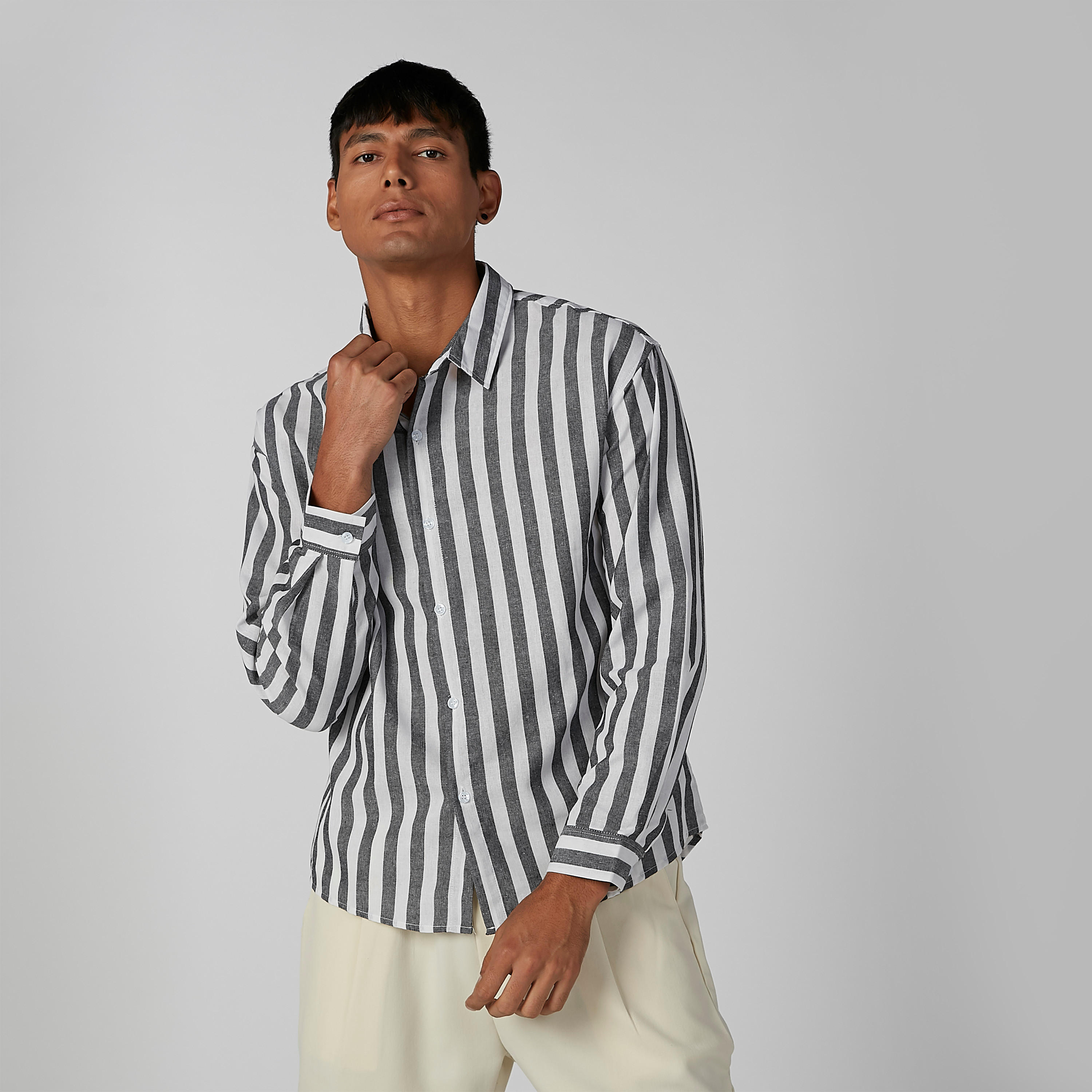 Striped Shirt with Long Sleeves and Spread Collar-men-clothing-shirts-image-2