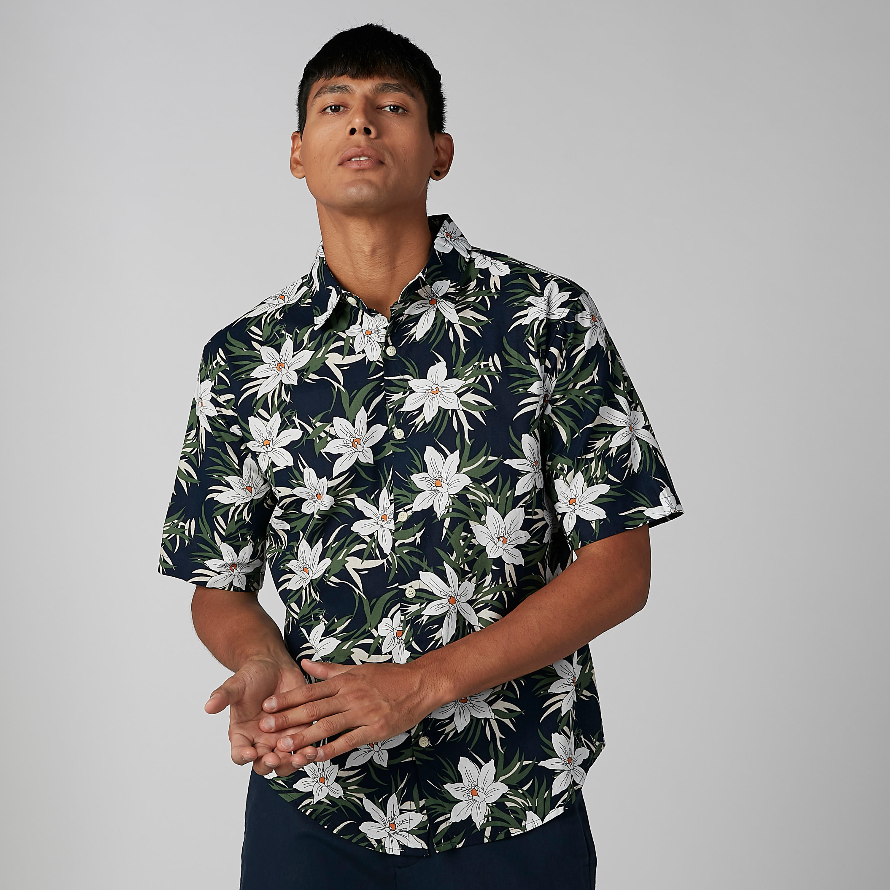 Floral Printed Shirt with Short Sleeves and Spread Collar-men-clothing-shirts-image-1