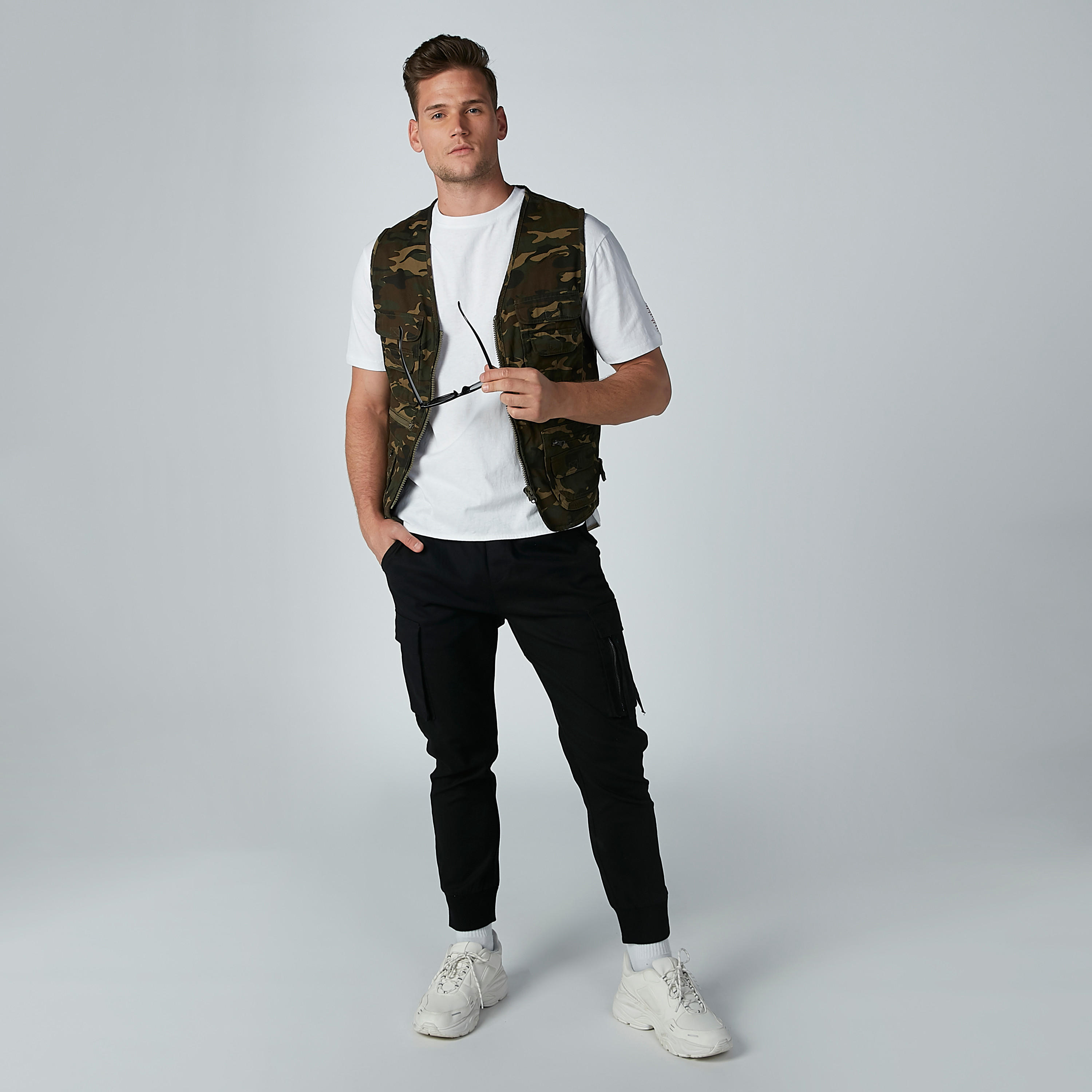 Shop Camouflage Printed Sleeveless Jacket with Pocket Detail