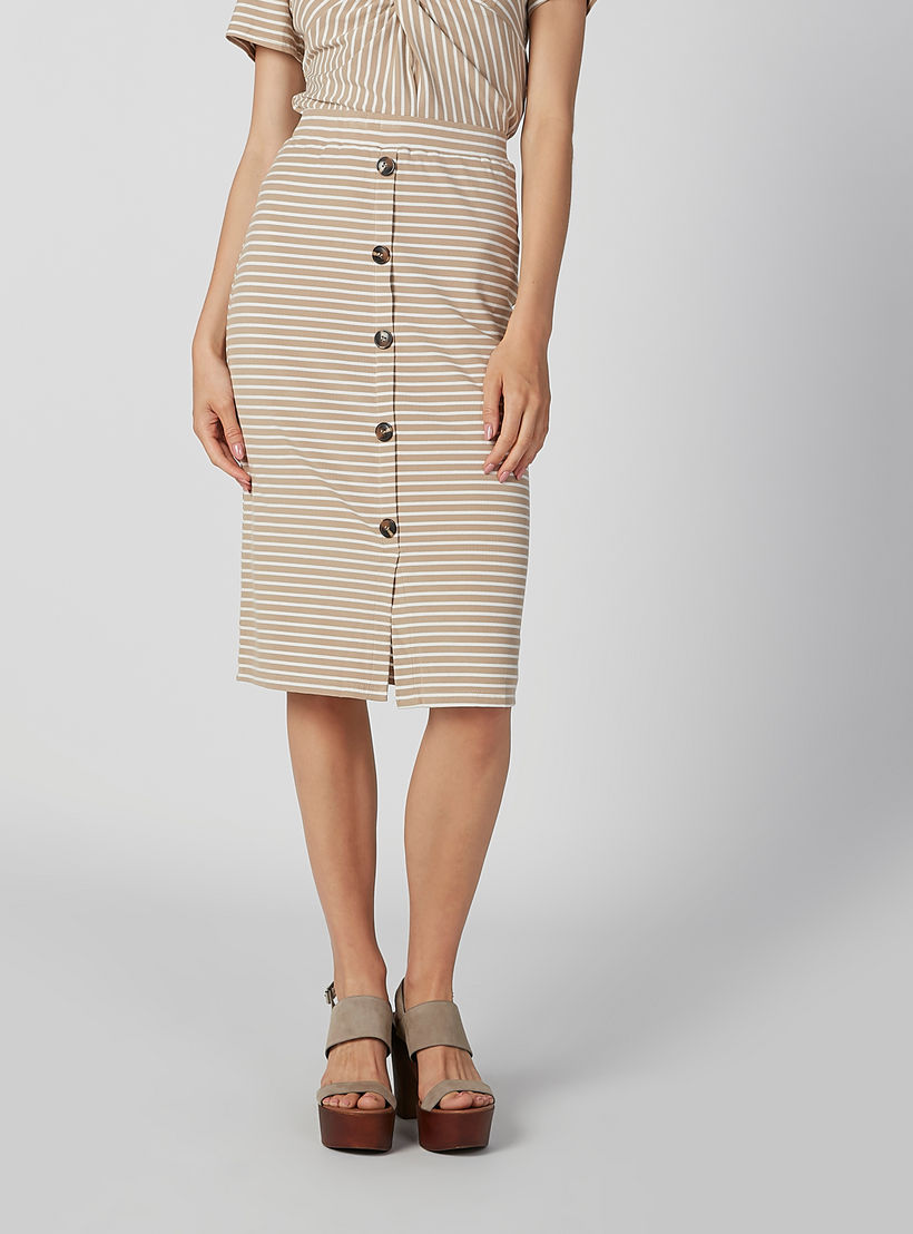 تنورة ميدي واسعة مقلّمة بخصر مطّاطي وأزرار-women-clothing-bottoms-skirts-image-1