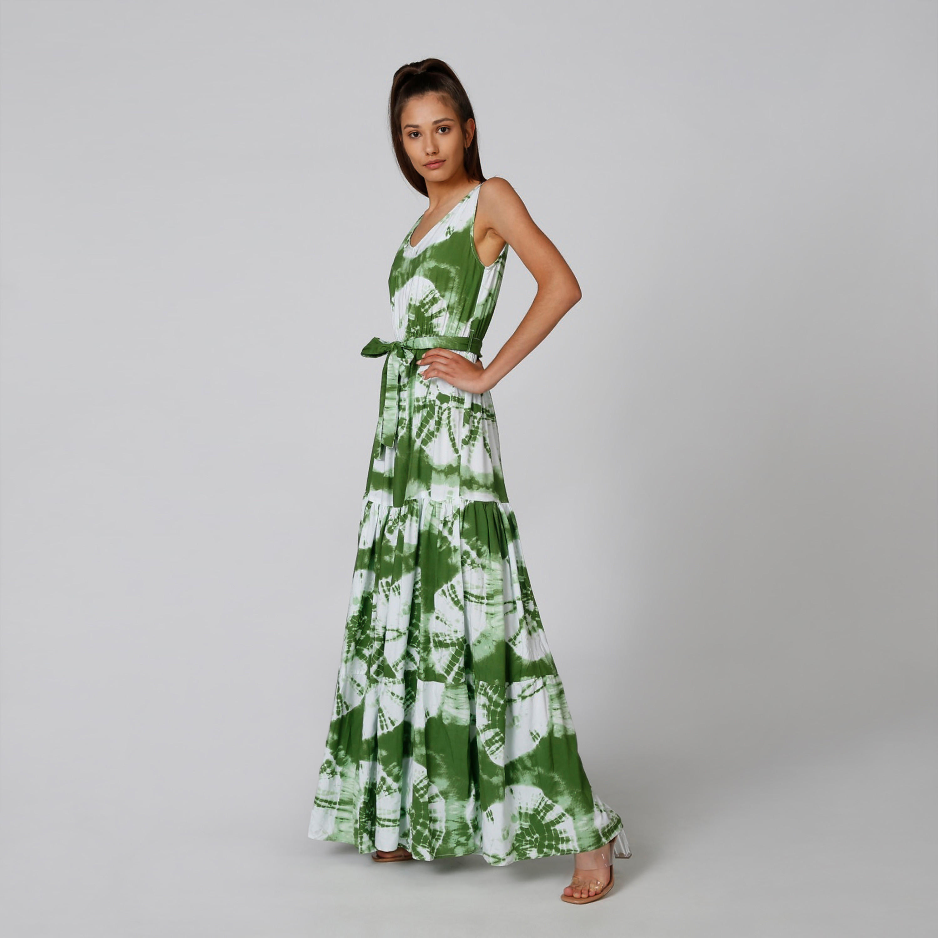فستان طويل إيه لاين دون أكمام بياقة V وطبعات-women-clothing-dresses-image-1