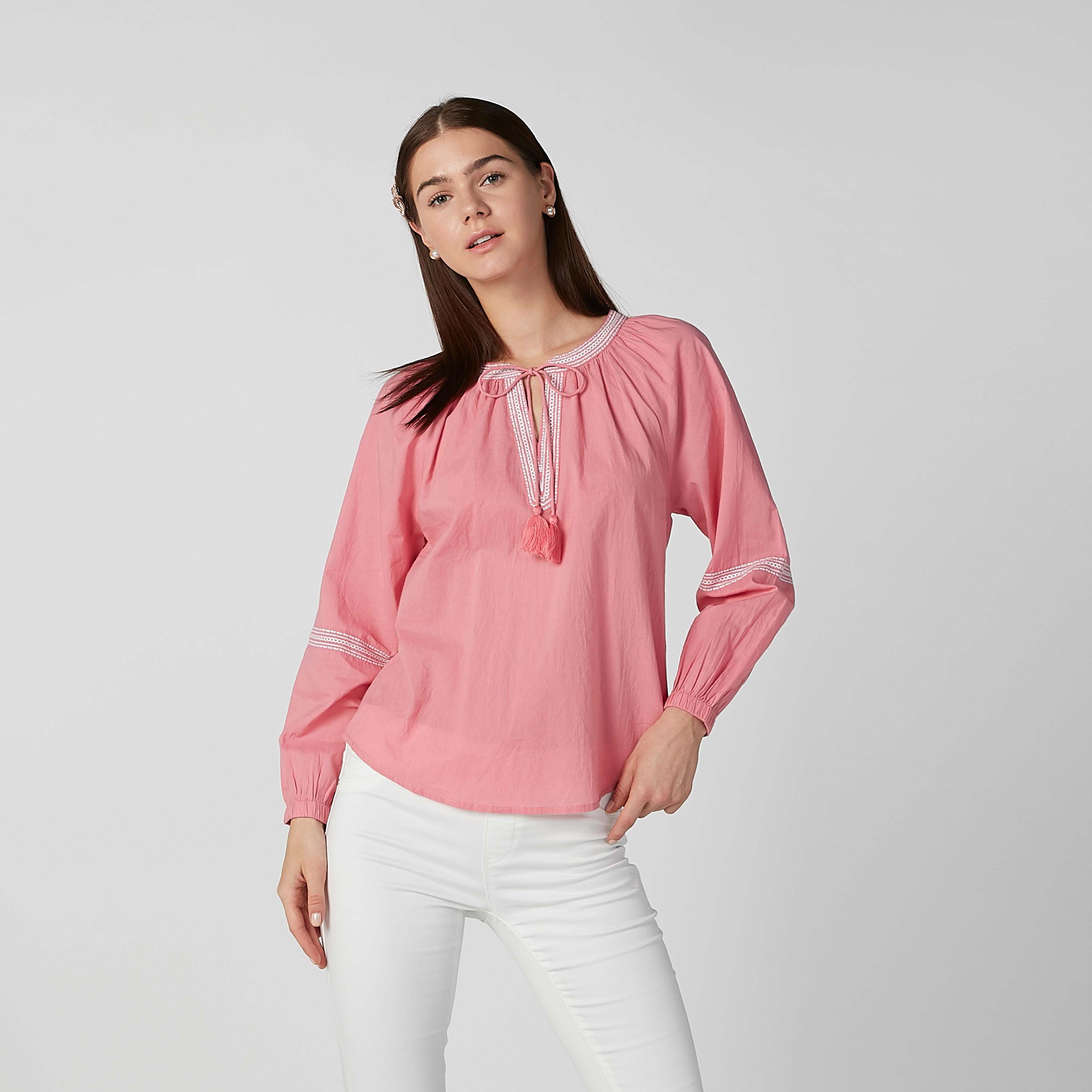 Textured Top with Mandarin Collar and Long Sleeves-women-clothing-shirtsandblouses-blouses-image-1