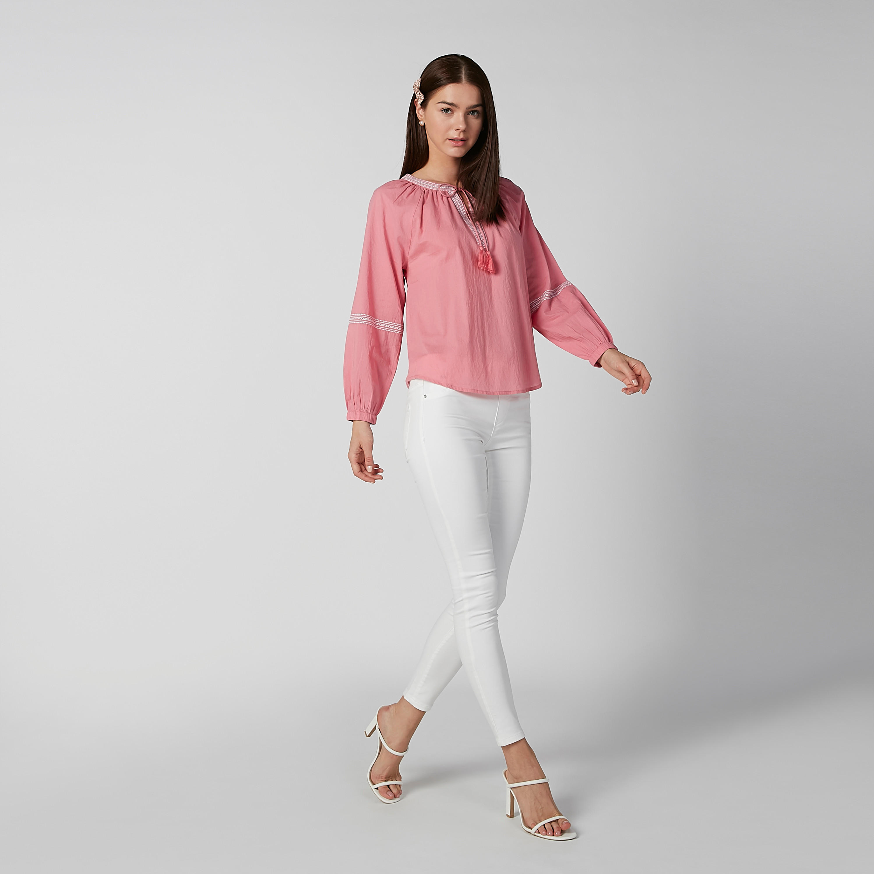 Textured Top with Mandarin Collar and Long Sleeves-women-clothing-shirtsandblouses-blouses-image-2