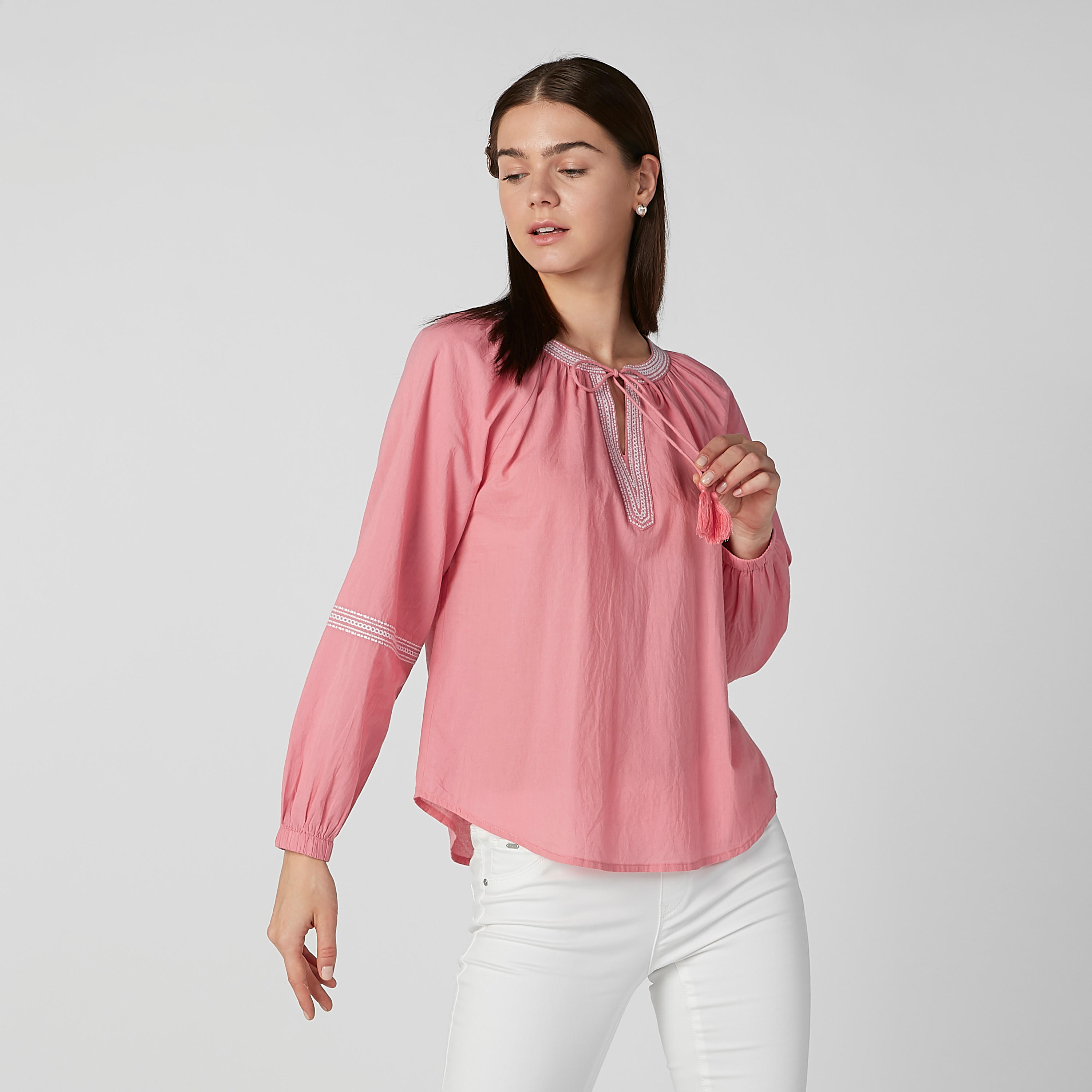 Textured Top with Mandarin Collar and Long Sleeves-women-clothing-shirtsandblouses-blouses-image-4