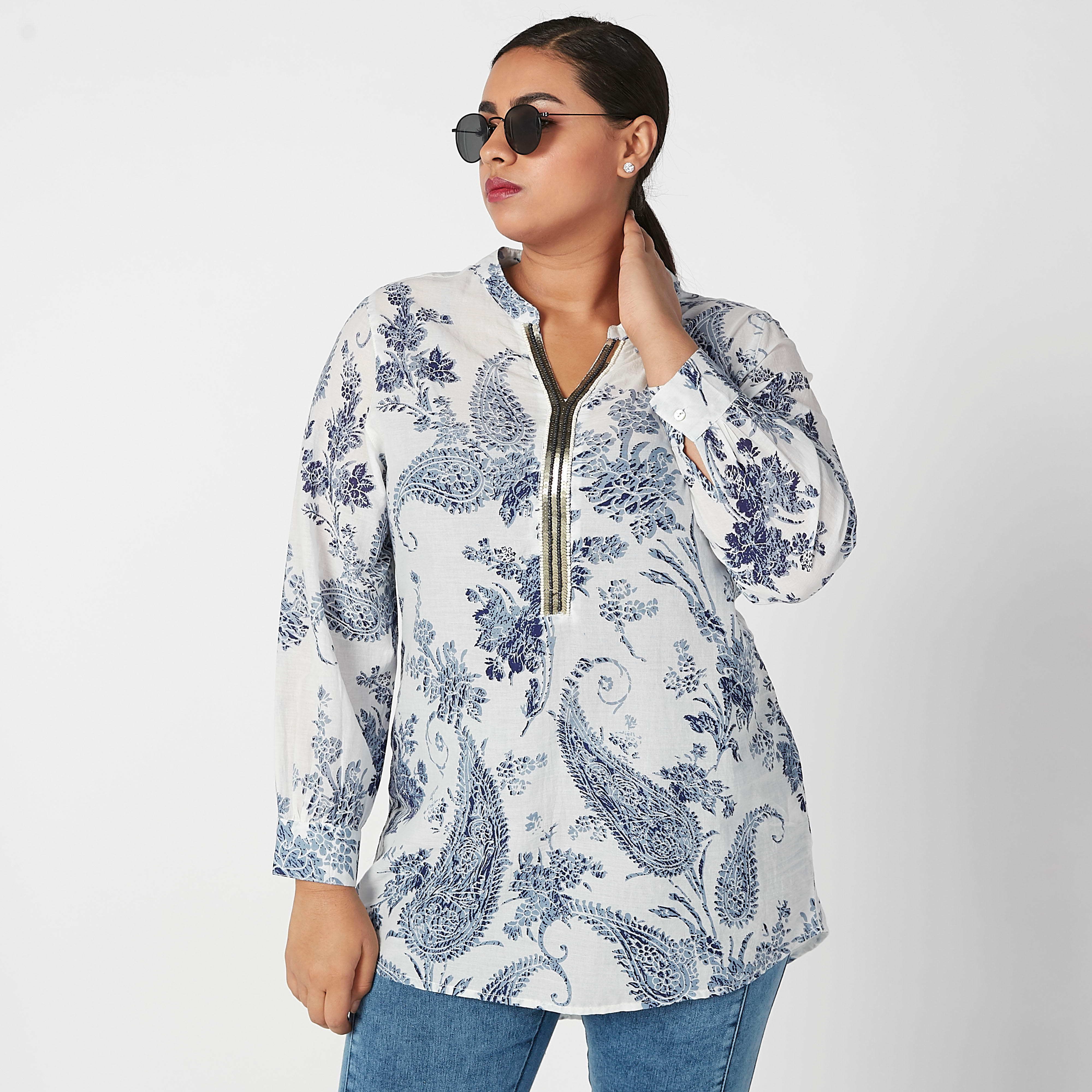 تونيك مستدام بياقة ماندارين وأكمام طويلة وطبعات -women-clothing-shirtsandblouses-blouses-image-1