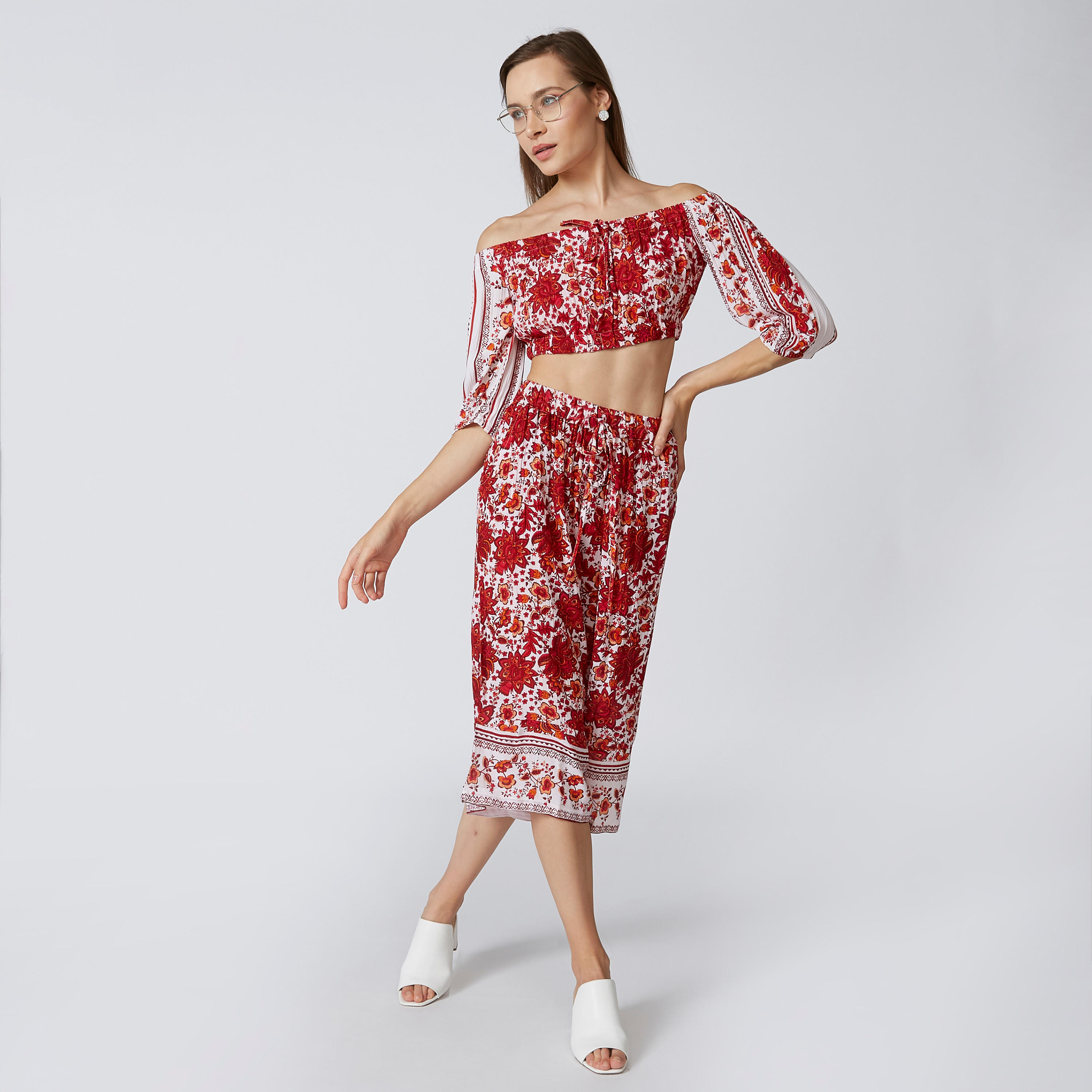 Printed Off Shoulder Crop Top with 3/4 Sleeves-women-clothing-shirtsandblouses-blouses-image-2