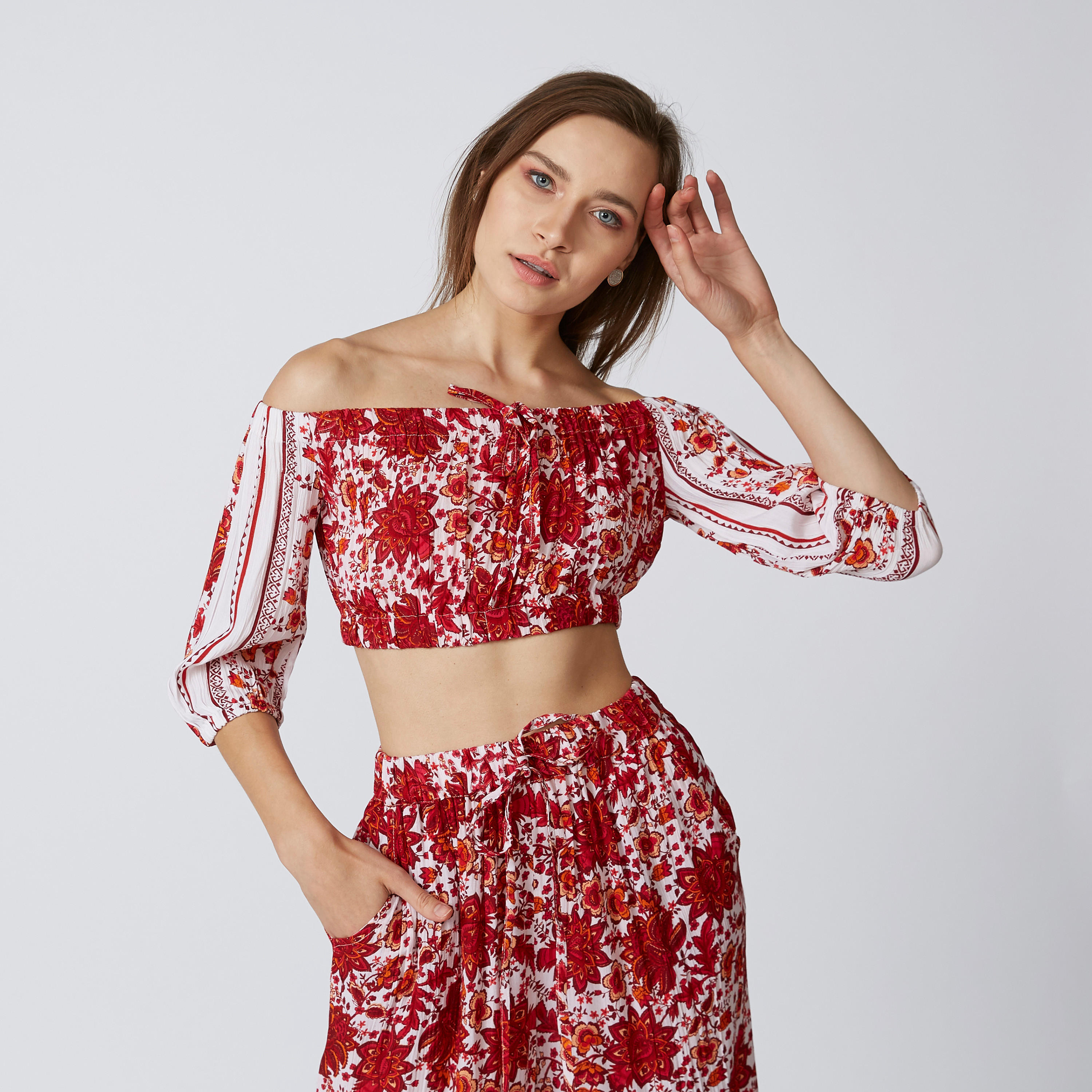 Printed Off Shoulder Crop Top with 3/4 Sleeves-women-clothing-shirtsandblouses-blouses-image-1