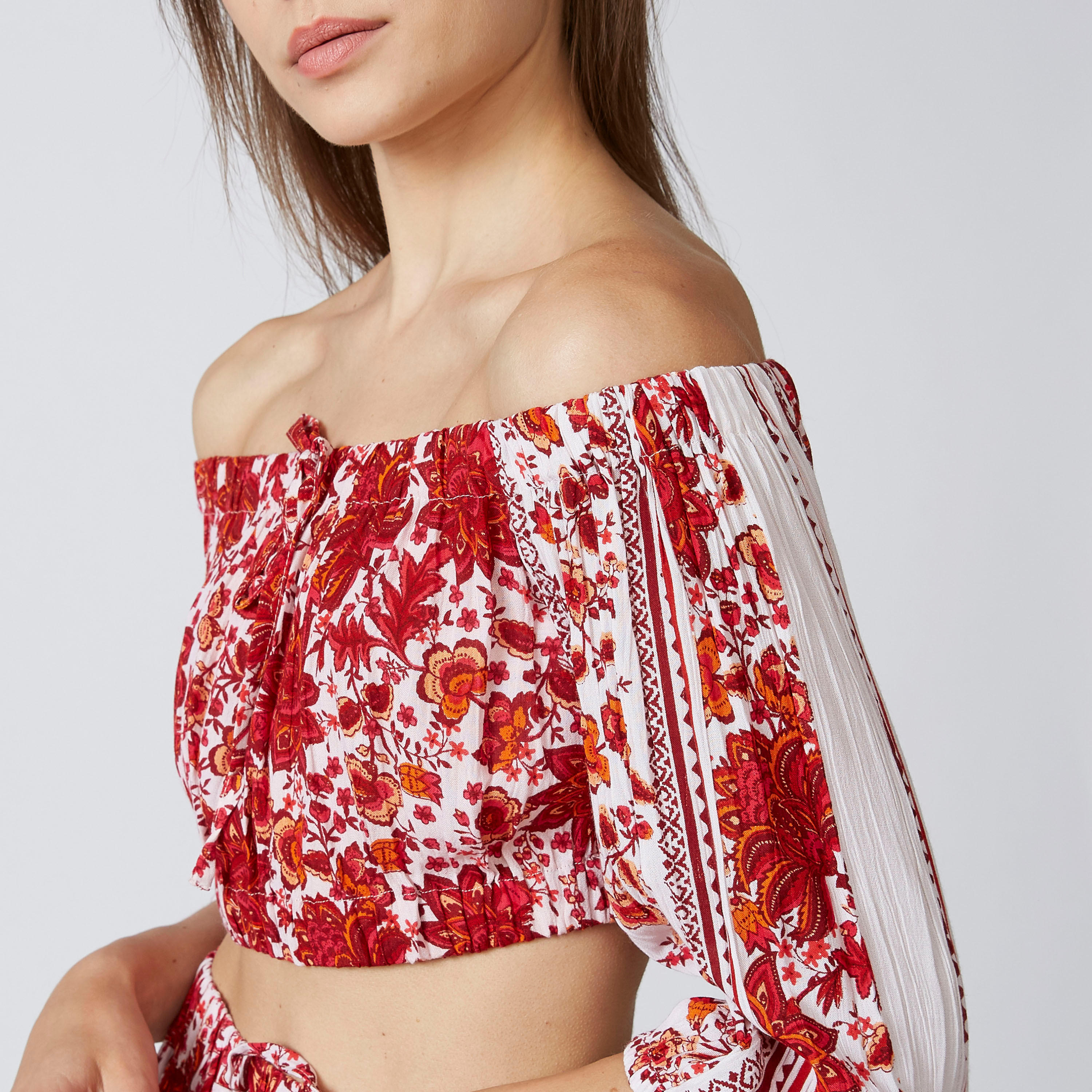 Printed Off Shoulder Crop Top with 3/4 Sleeves-women-clothing-shirtsandblouses-blouses-image-4