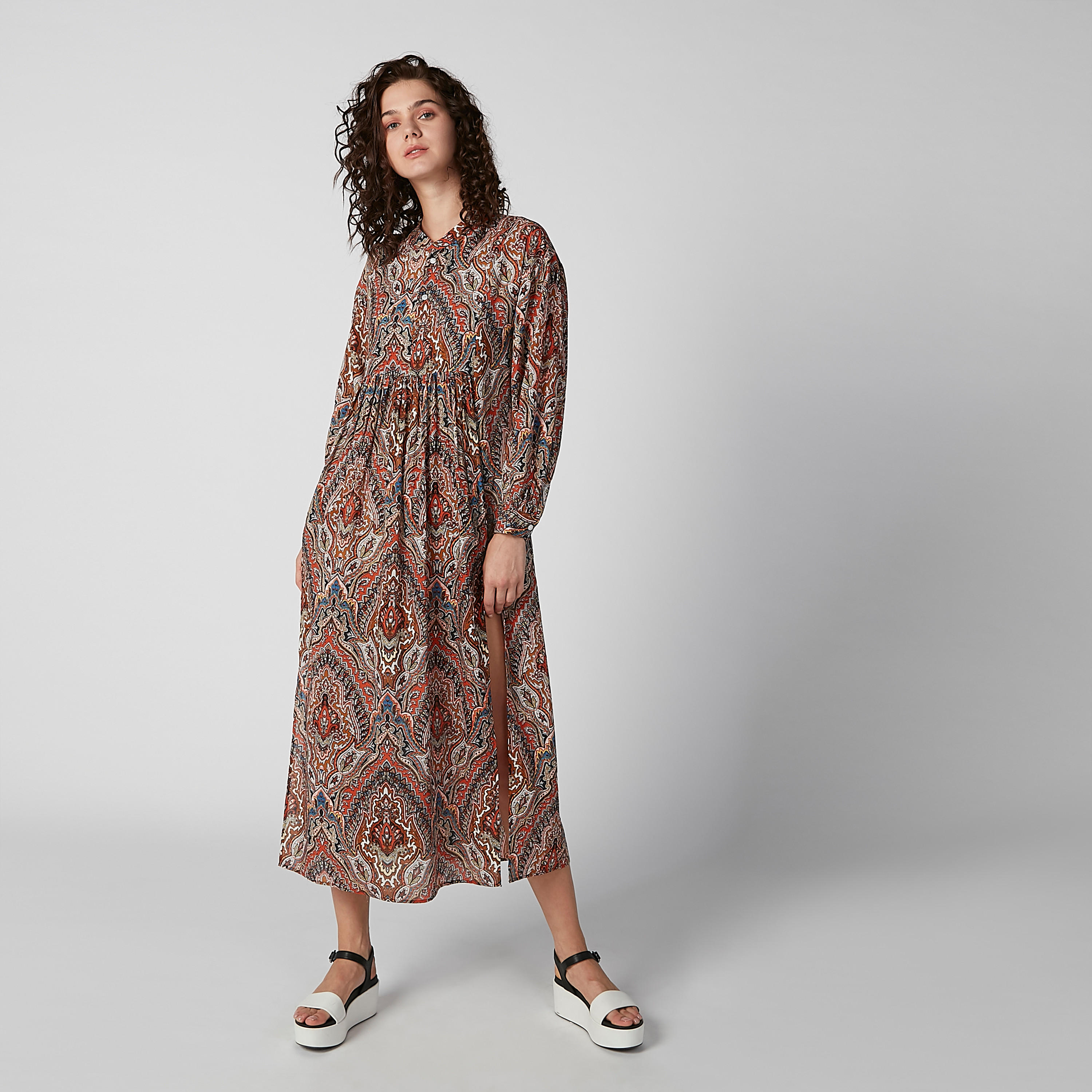 فستان ميدي إيه لاين بأكمام طويلة وفتحة جانبية وطبعات-women-clothing-dresses-image-1