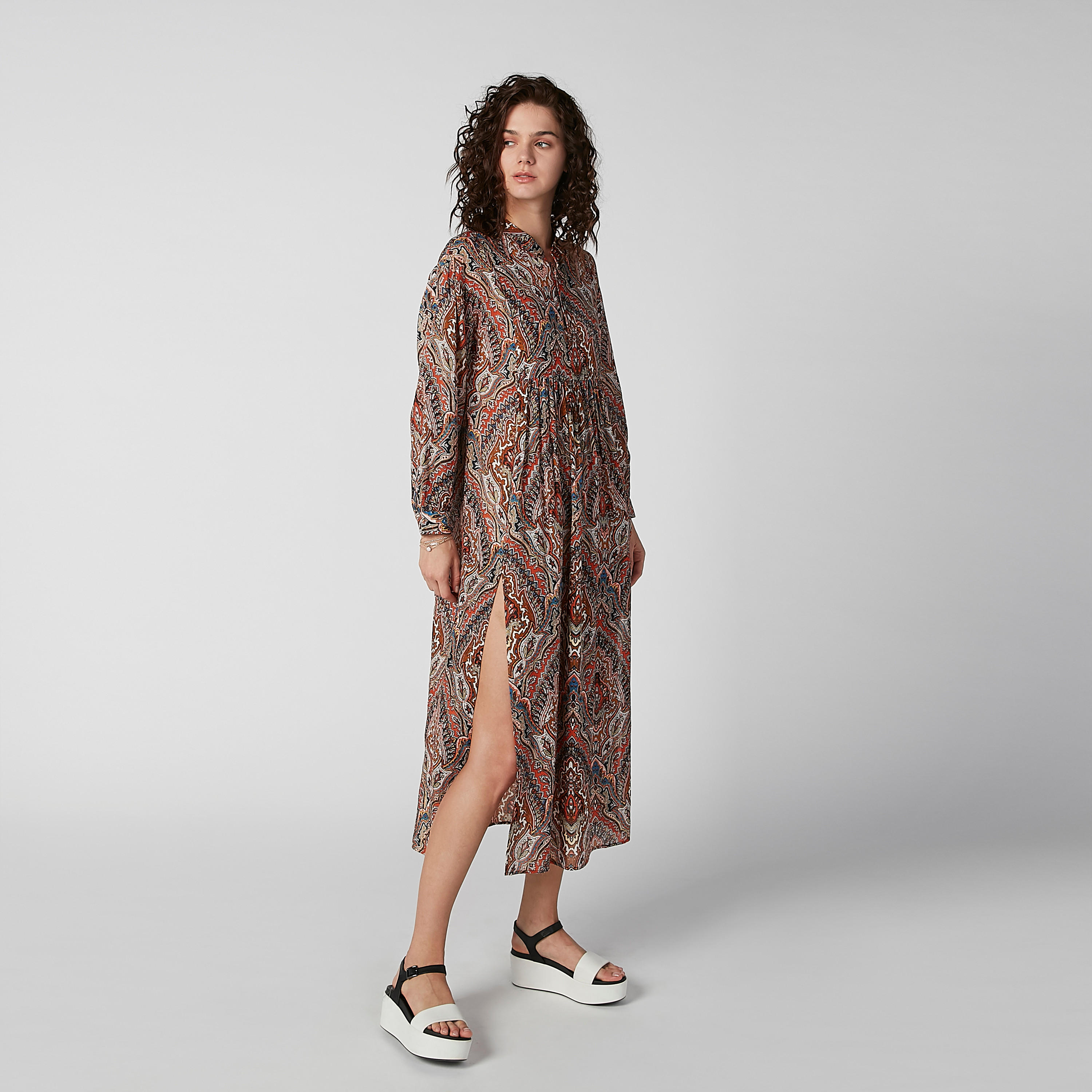 فستان ميدي إيه لاين بأكمام طويلة وفتحة جانبية وطبعات-women-clothing-dresses-image-4