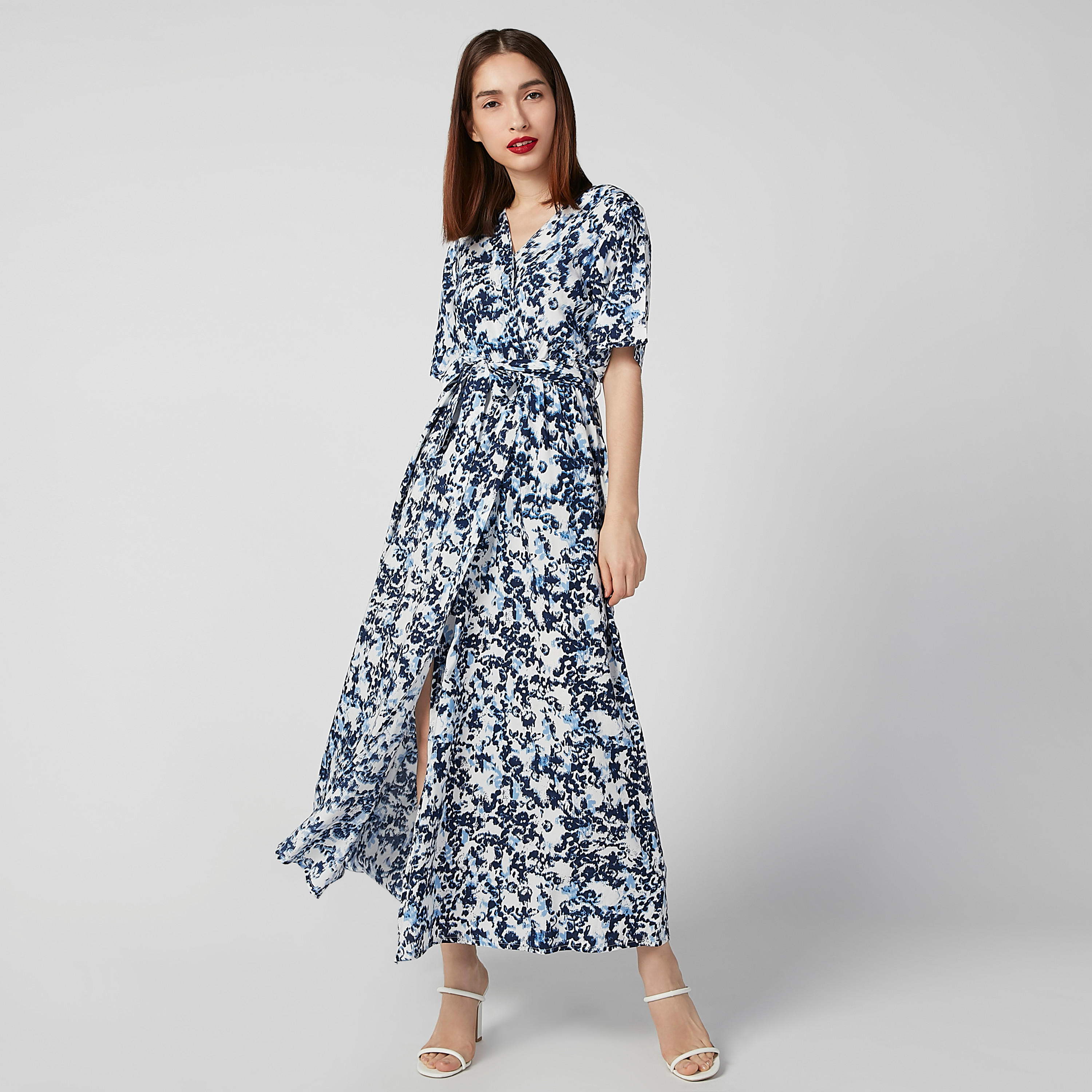 فستان إيه لاين طويل بأكمام قصيرة وأربطة وطبعات-women-clothing-dresses-image-1