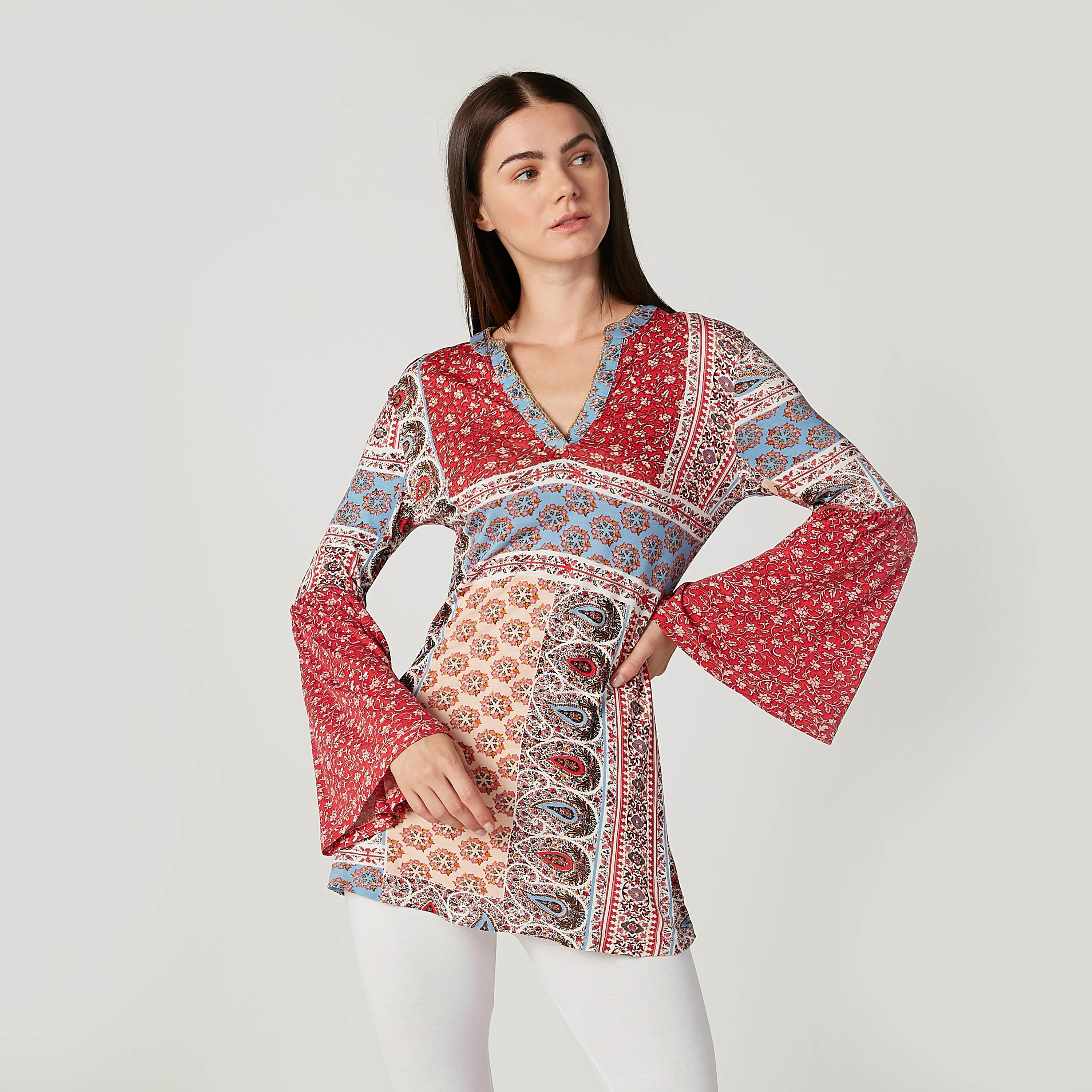 Printed Tunic with V-neck and Bell Sleeves-women-clothing-shirtsandblouses-blouses-image-1