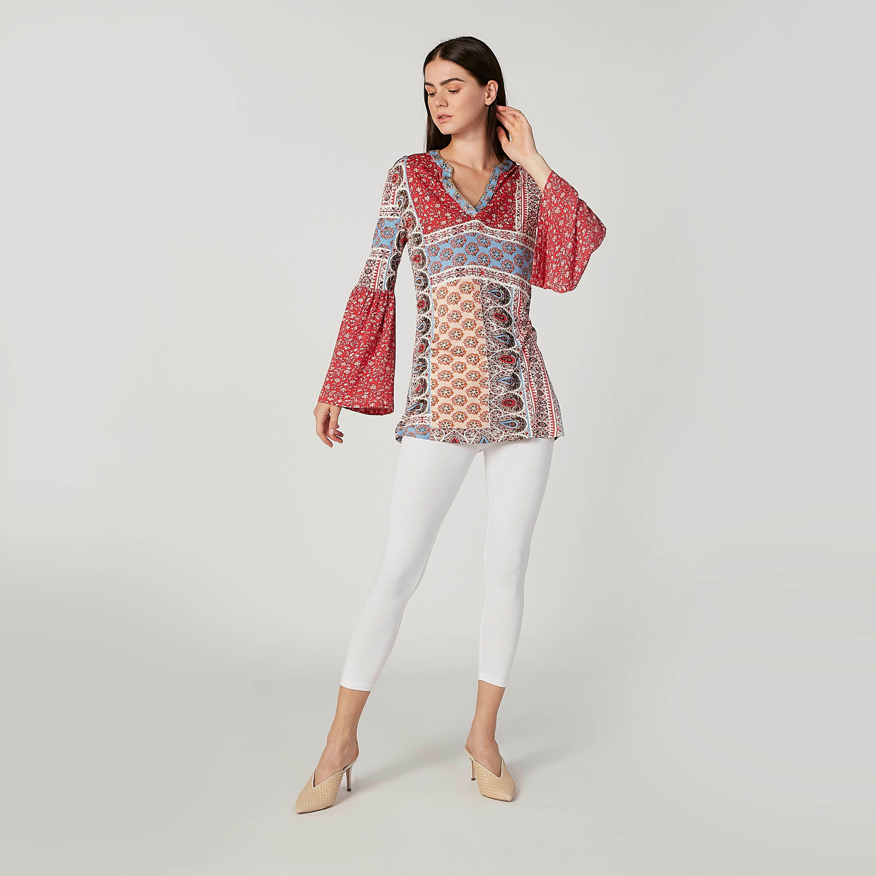 Printed Tunic with V-neck and Bell Sleeves-women-clothing-shirtsandblouses-blouses-image-2